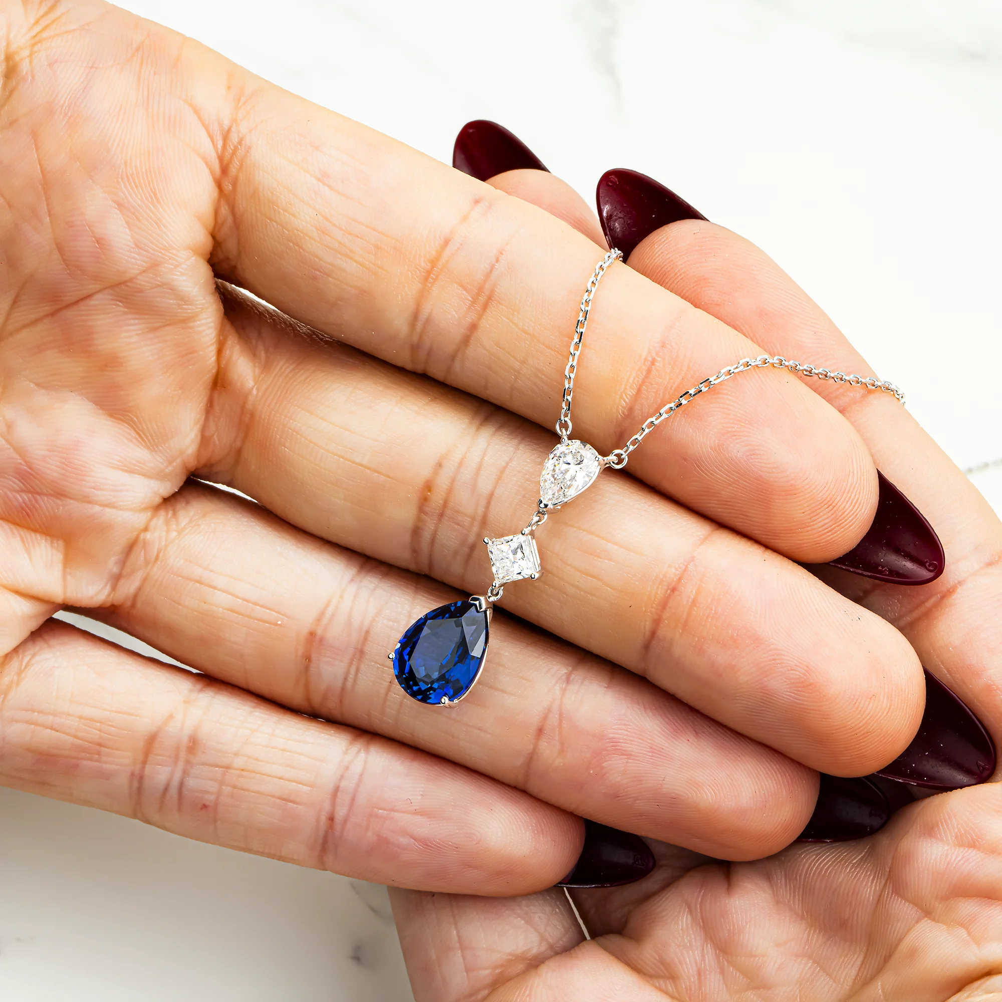 White Gold Pear Cut Sapphire & Diamond Drop Pendant Necklace - Image 2