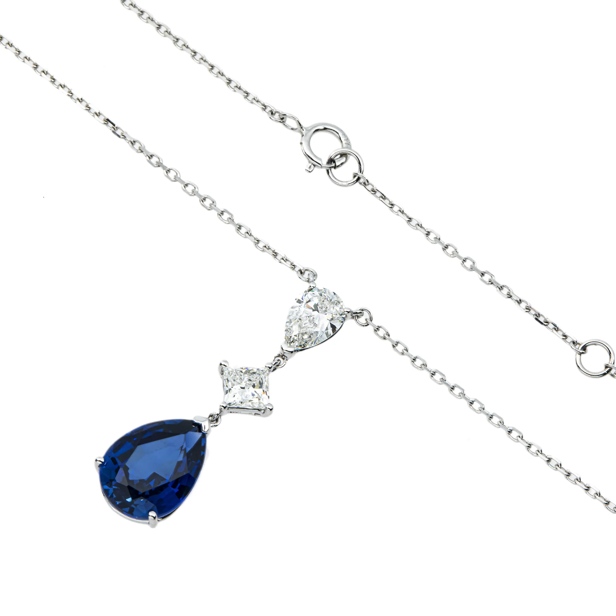 White Gold Pear Cut Sapphire & Diamond Drop Pendant Necklace - Image 3