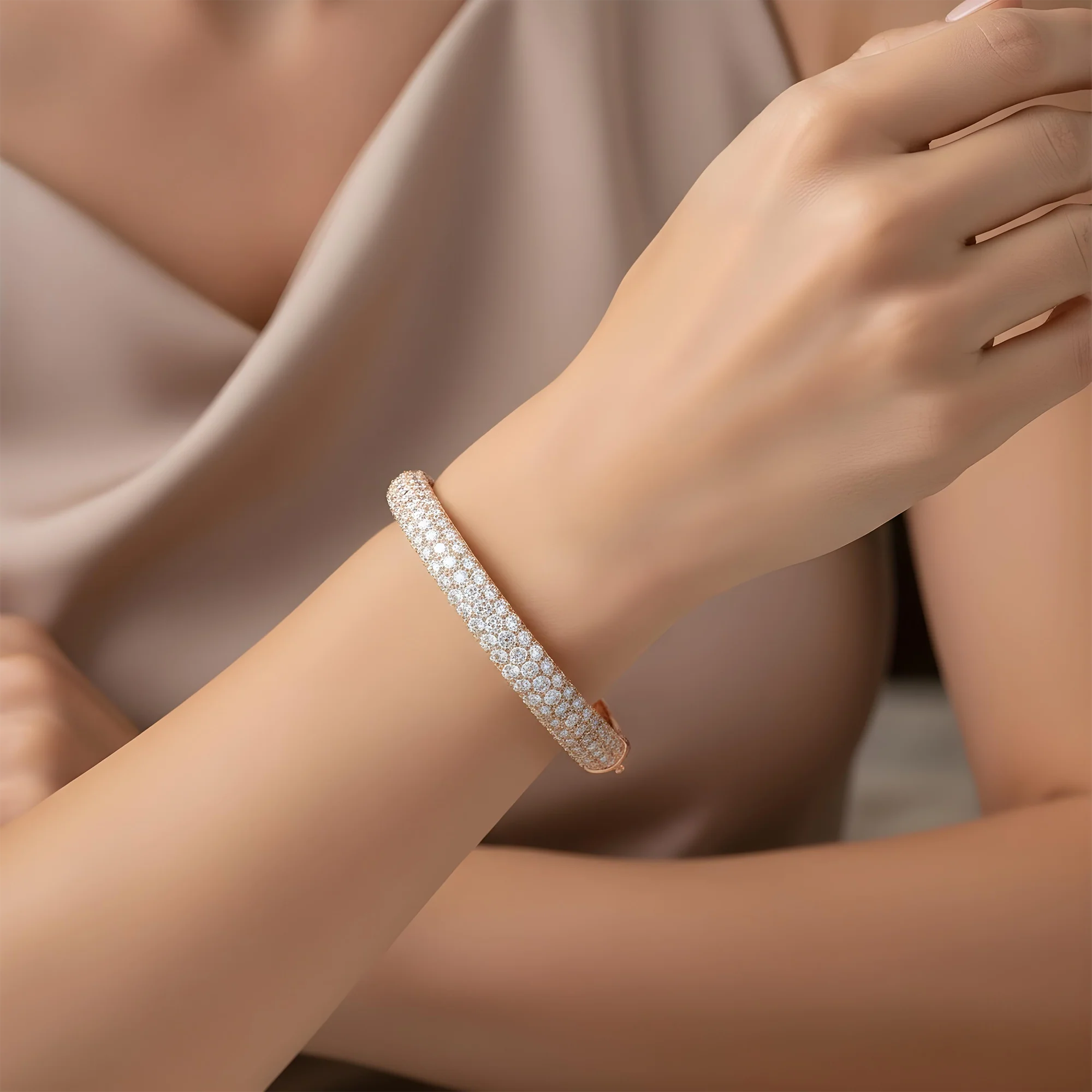 White Gold 4 Row Pave Set Round Diamond Bangle Bracelet 6.62ct - Image 9