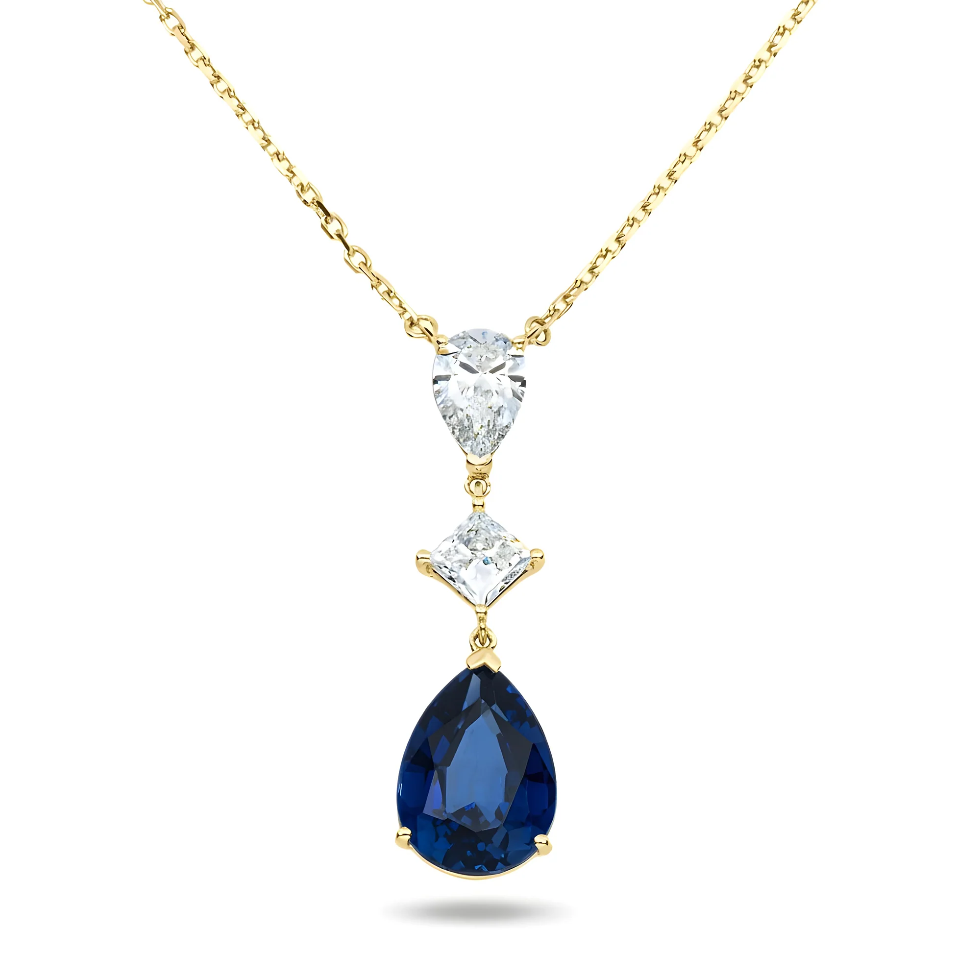 White Gold Pear Cut Sapphire & Diamond Drop Pendant Necklace - Image 4