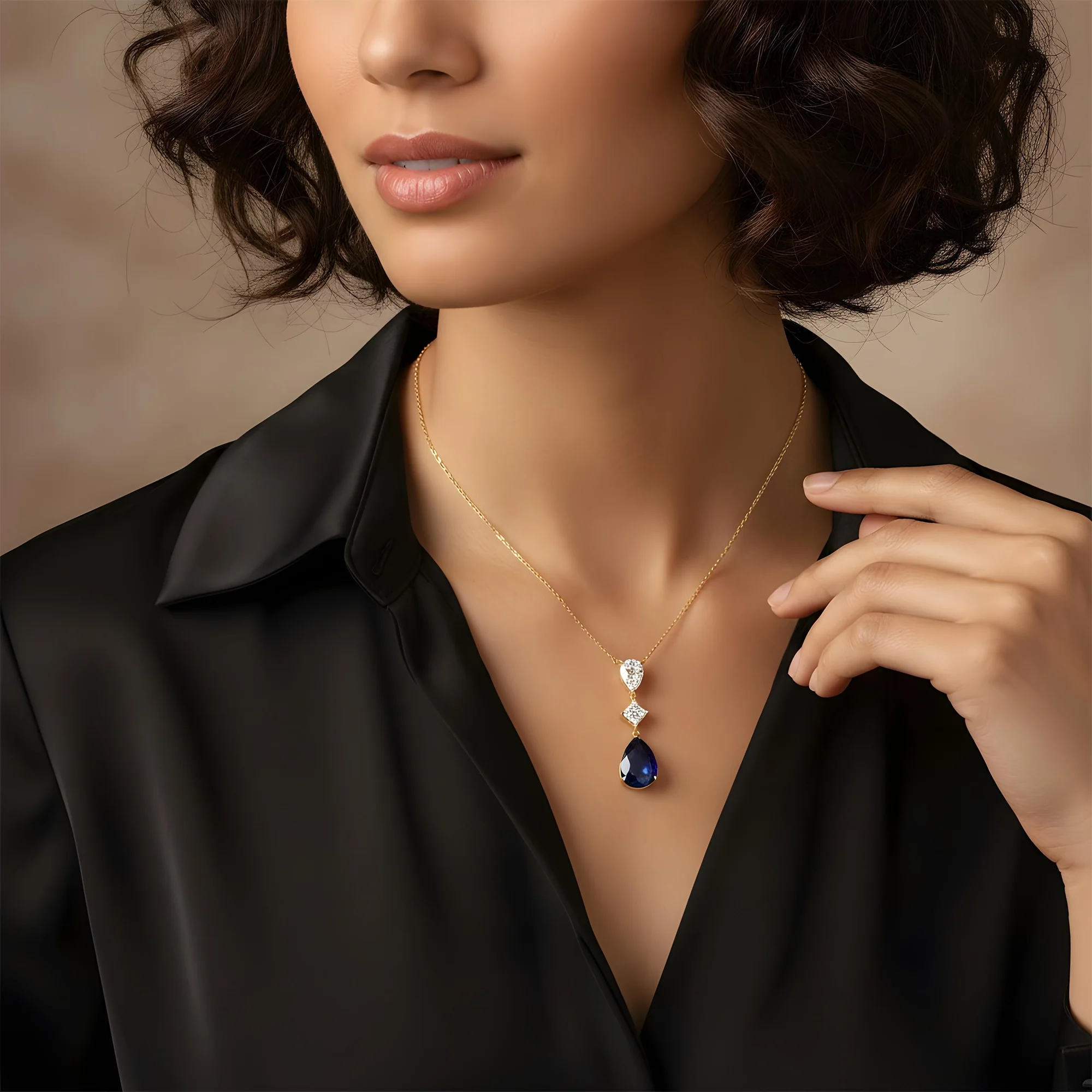 White Gold Pear Cut Sapphire & Diamond Drop Pendant Necklace - Image 5