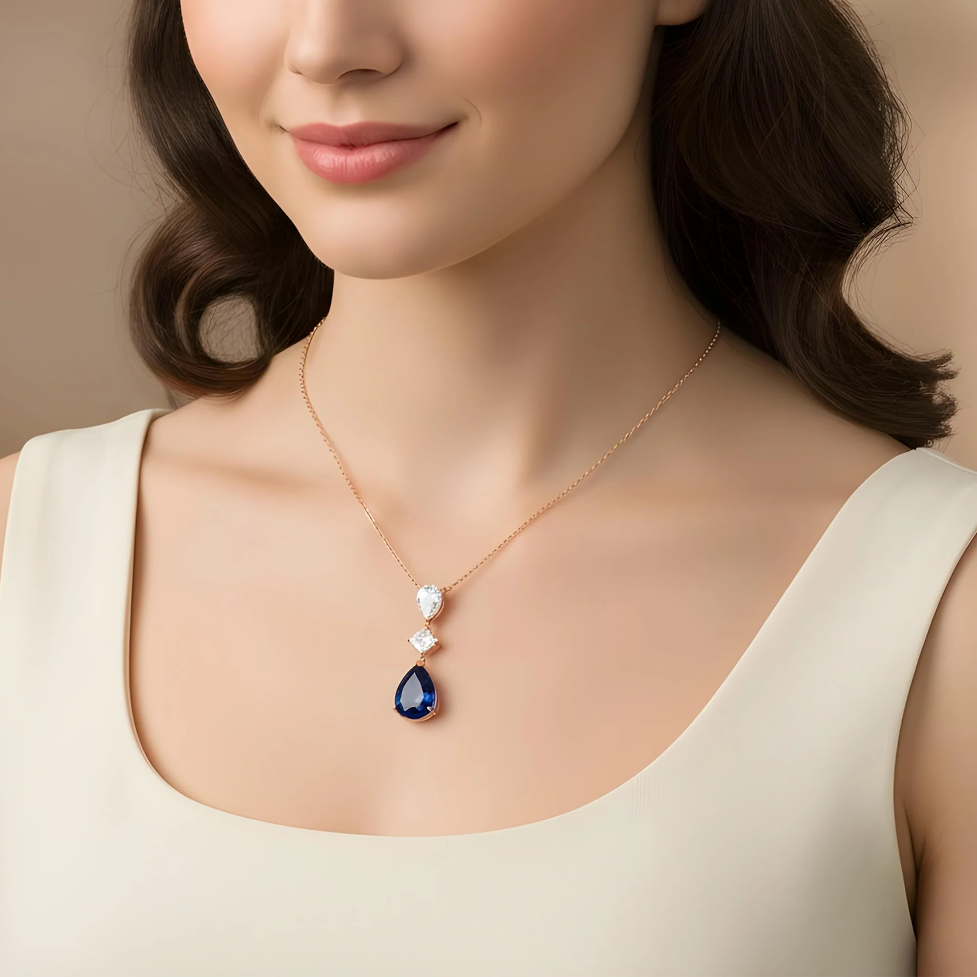 White Gold Pear Cut Sapphire & Diamond Drop Pendant Necklace - Image 7
