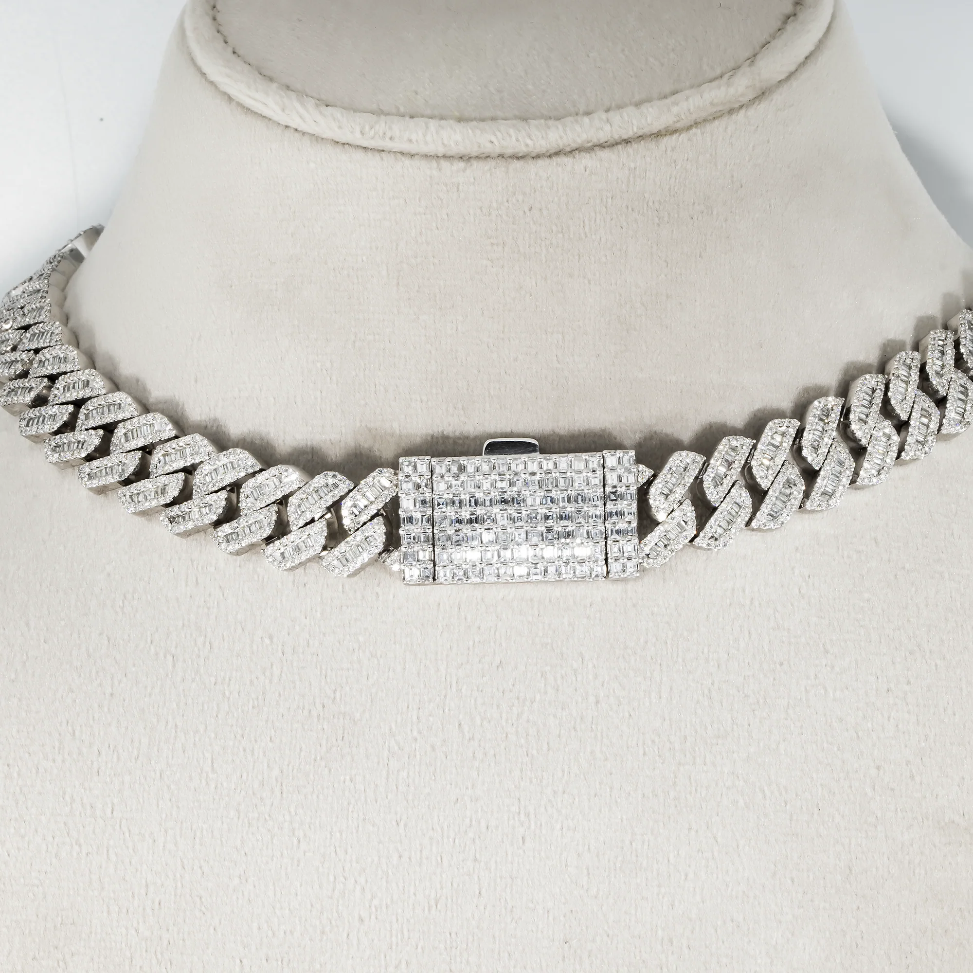 10K White Gold 13mm Asscher, Baguette & Round Diamond Triple Heart Cuban Link Chain 26.11ct - Image 3
