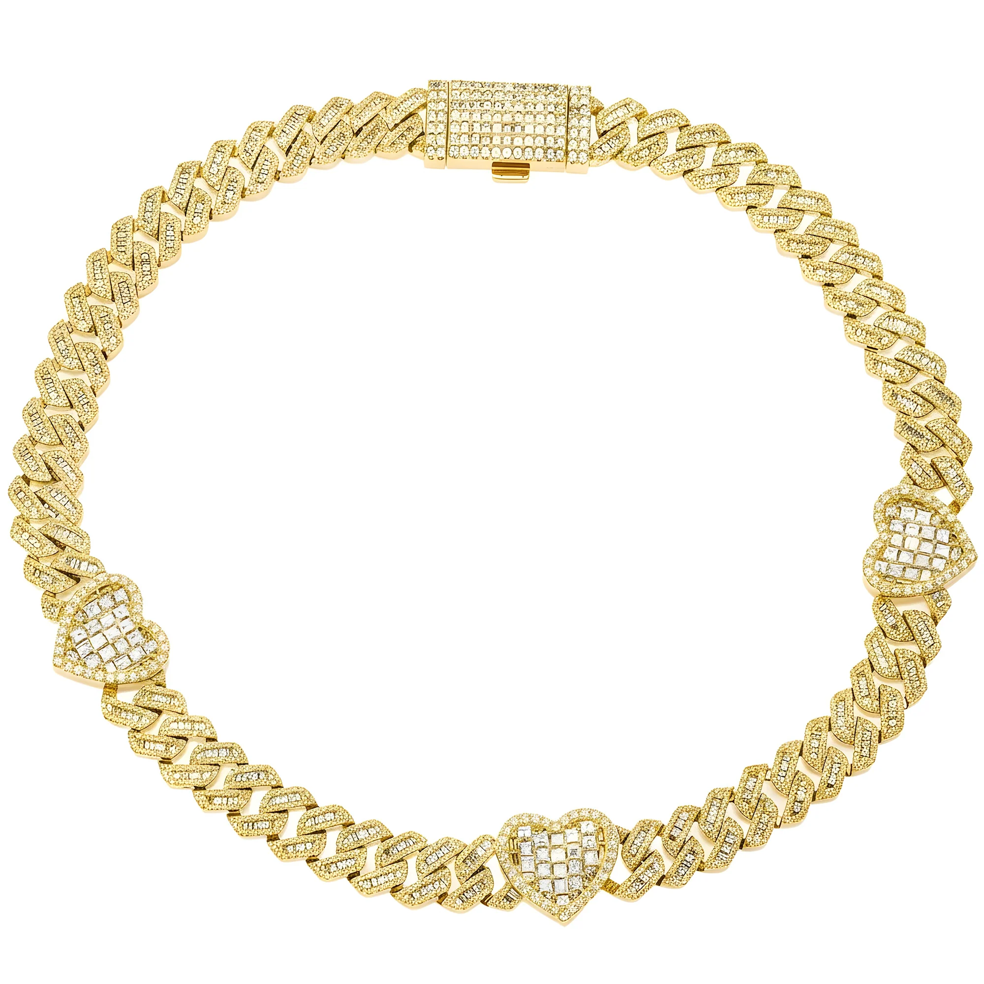 10K White Gold 13mm Asscher, Baguette & Round Diamond Triple Heart Cuban Link Chain 26.11ct - Image 4