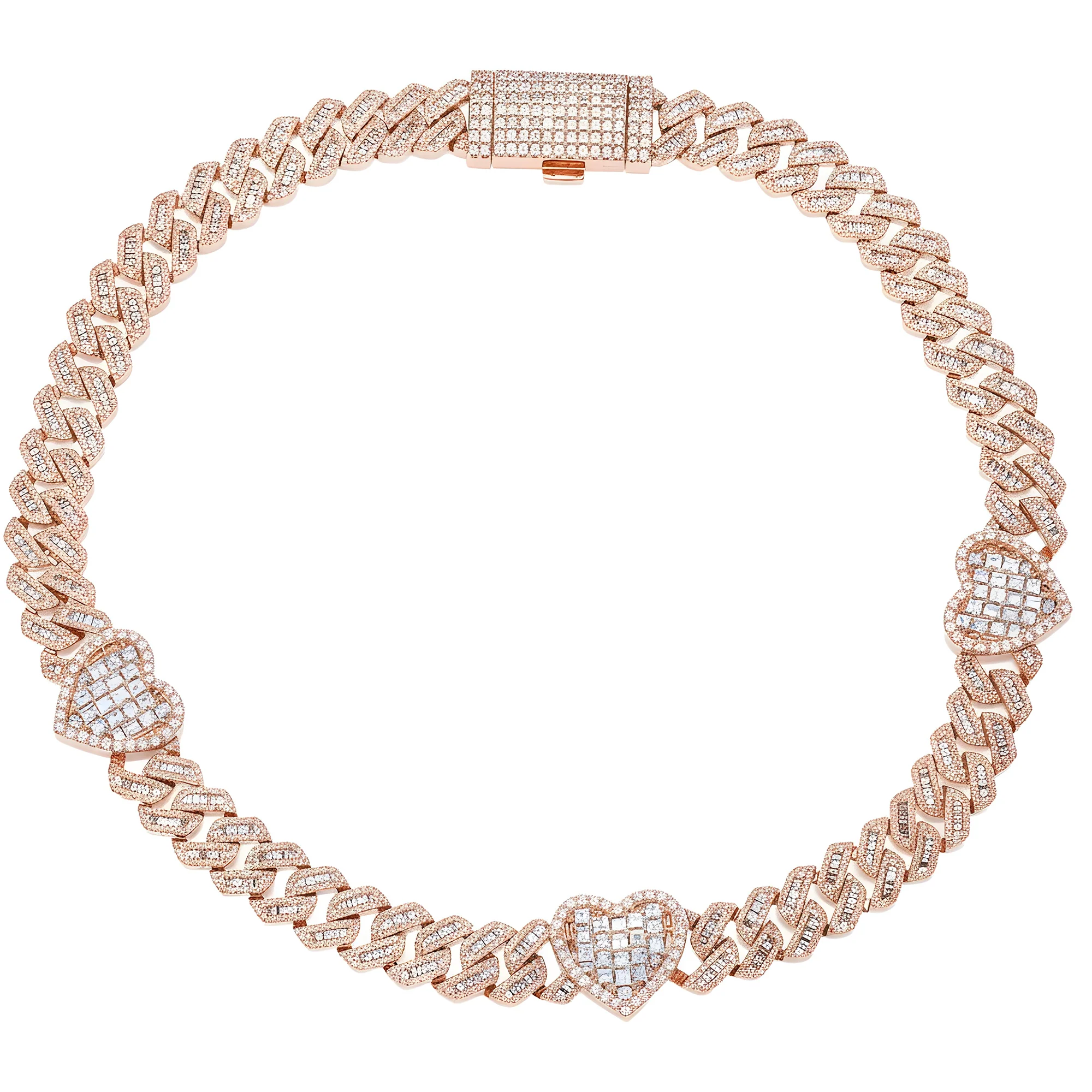 10K White Gold 13mm Asscher, Baguette & Round Diamond Triple Heart Cuban Link Chain 26.11ct - Image 6