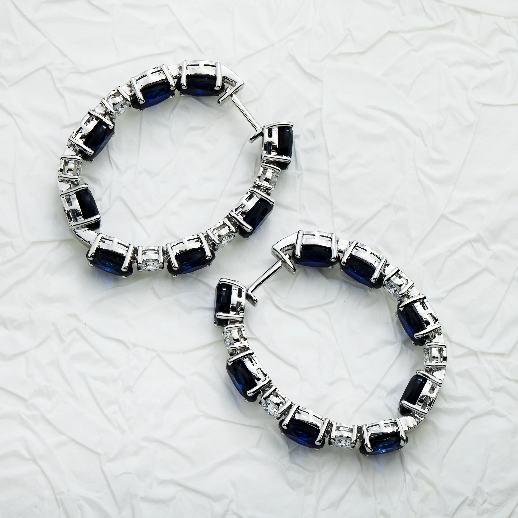 White Gold Oval Cut Sapphire & Round Cut Diamond Hoop Earrings 20.59ctw - Image 3