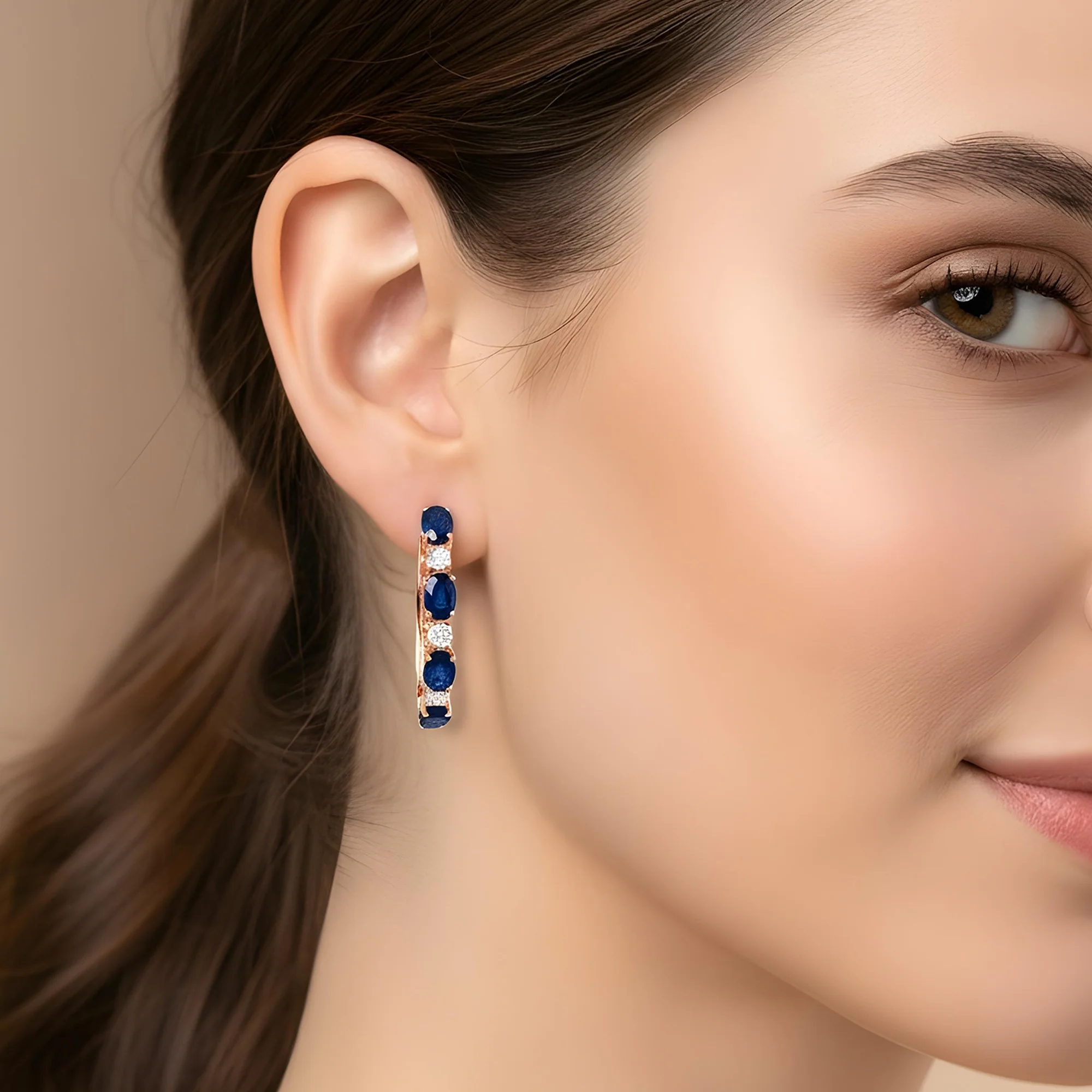 White Gold Oval Cut Sapphire & Round Cut Diamond Hoop Earrings 20.59ctw - Image 8