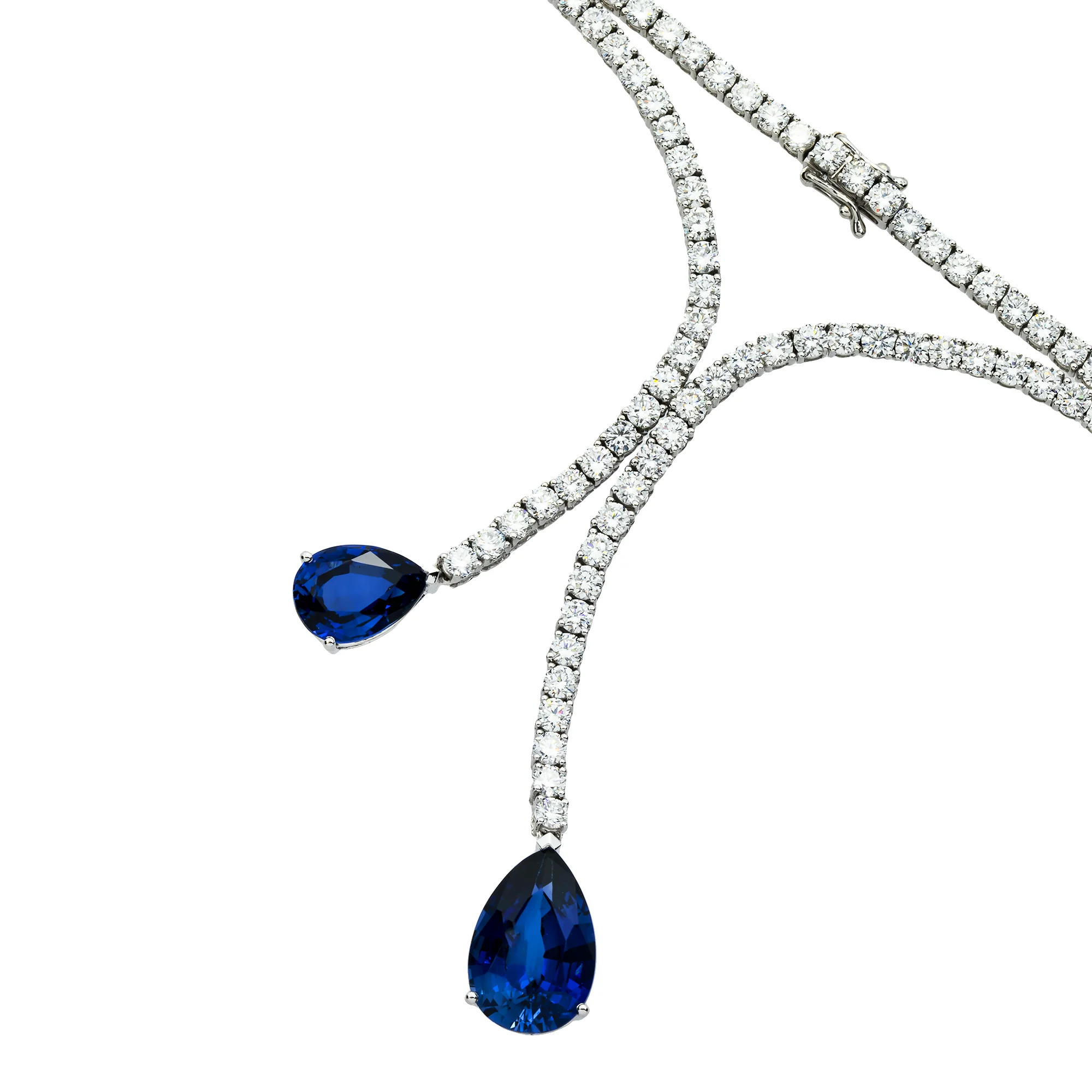 White Gold Round Cut Diamond & Pear Cut Sapphire Drop Necklace - Image 3