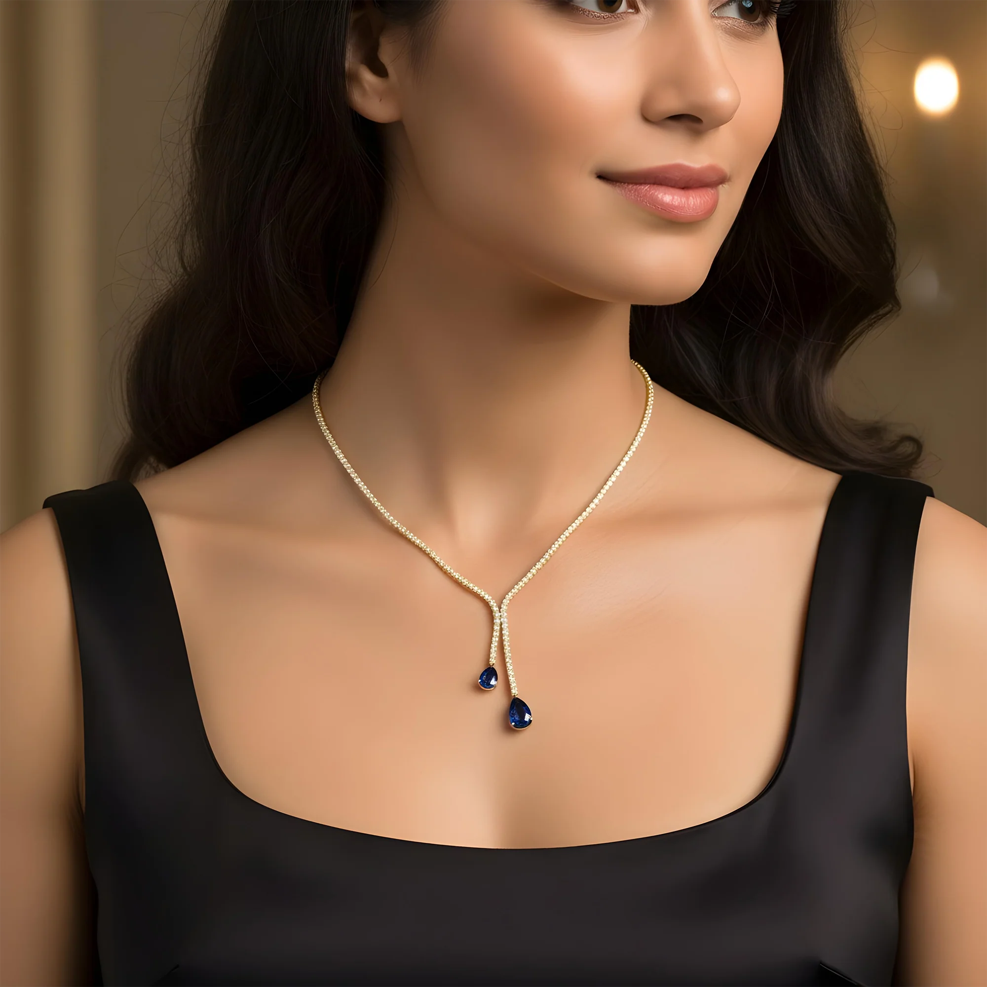 White Gold Round Cut Diamond & Pear Cut Sapphire Drop Necklace - Image 6