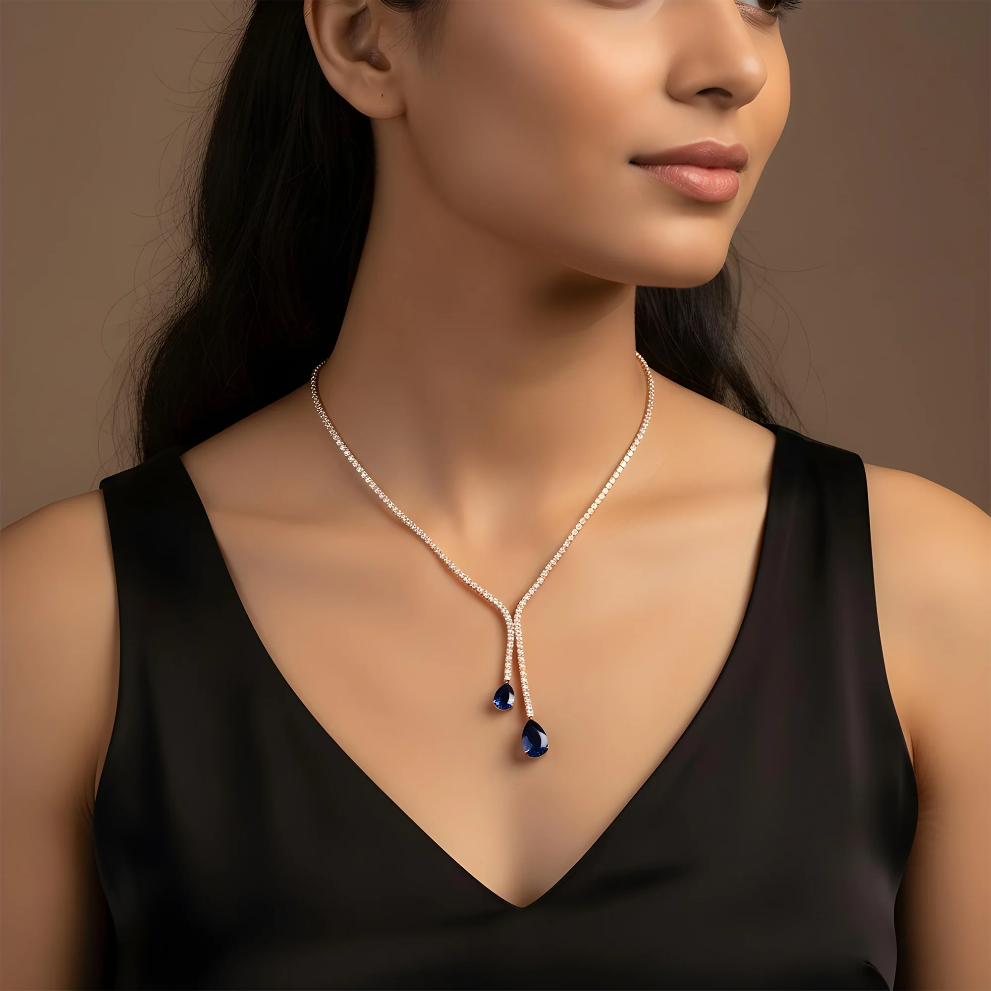 White Gold Round Cut Diamond & Pear Cut Sapphire Drop Necklace - Image 8