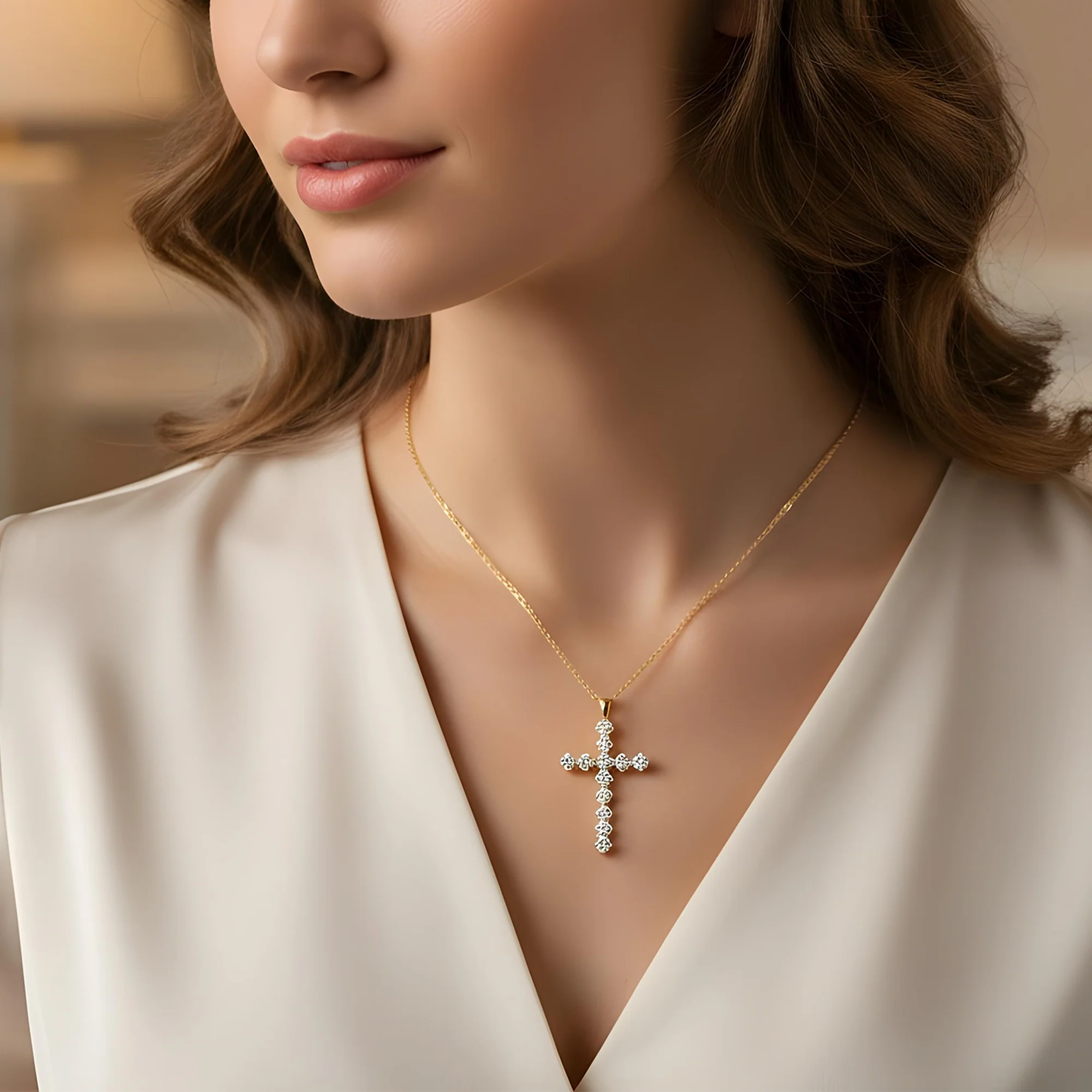 White Gold Round Diamond Cross Pendant & Chain Necklace 1.47ct - Image 5
