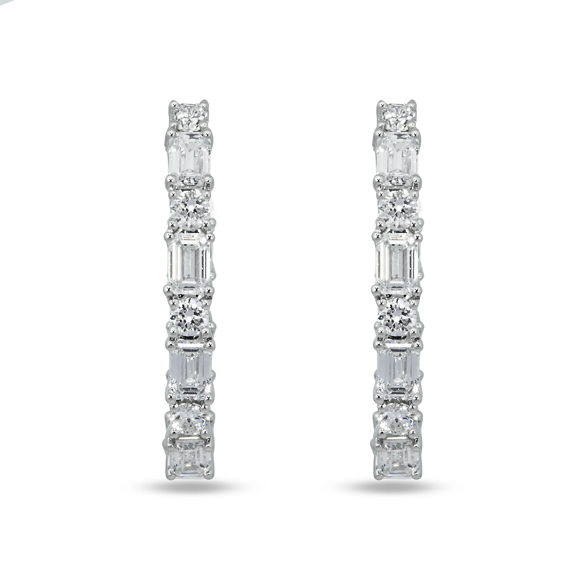 White Gold Round & Emerald Cut Diamond Inside Out Hoop Earrings 3.76ctw
