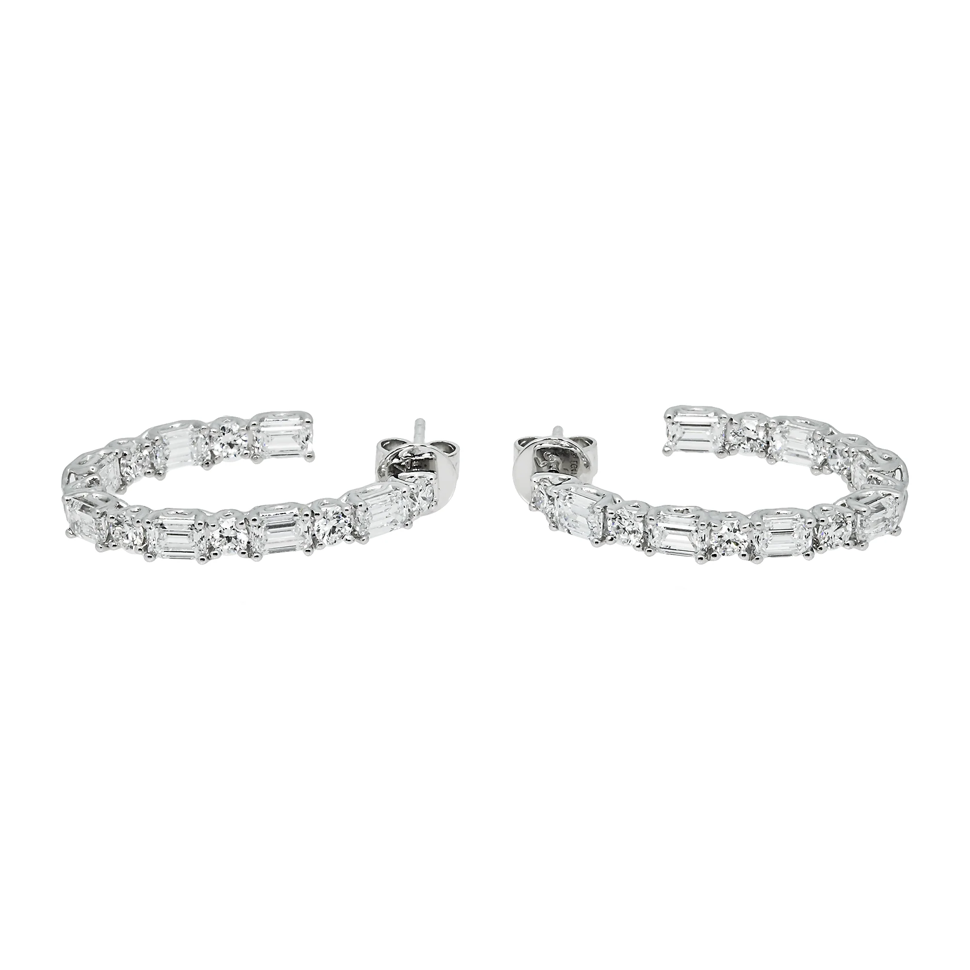 White Gold Round & Emerald Cut Diamond Inside Out Hoop Earrings 3.76ctw - Image 3