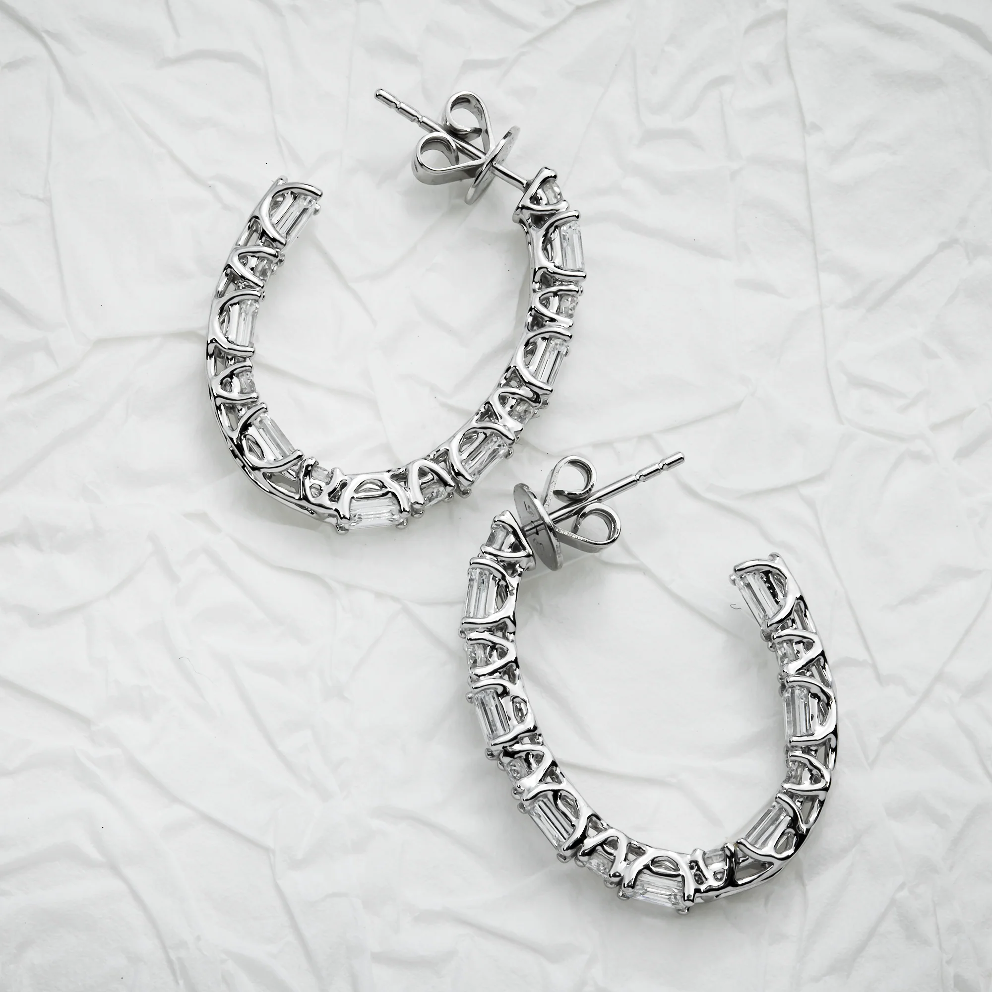 White Gold Round & Emerald Cut Diamond Inside Out Hoop Earrings 3.76ctw - Image 4