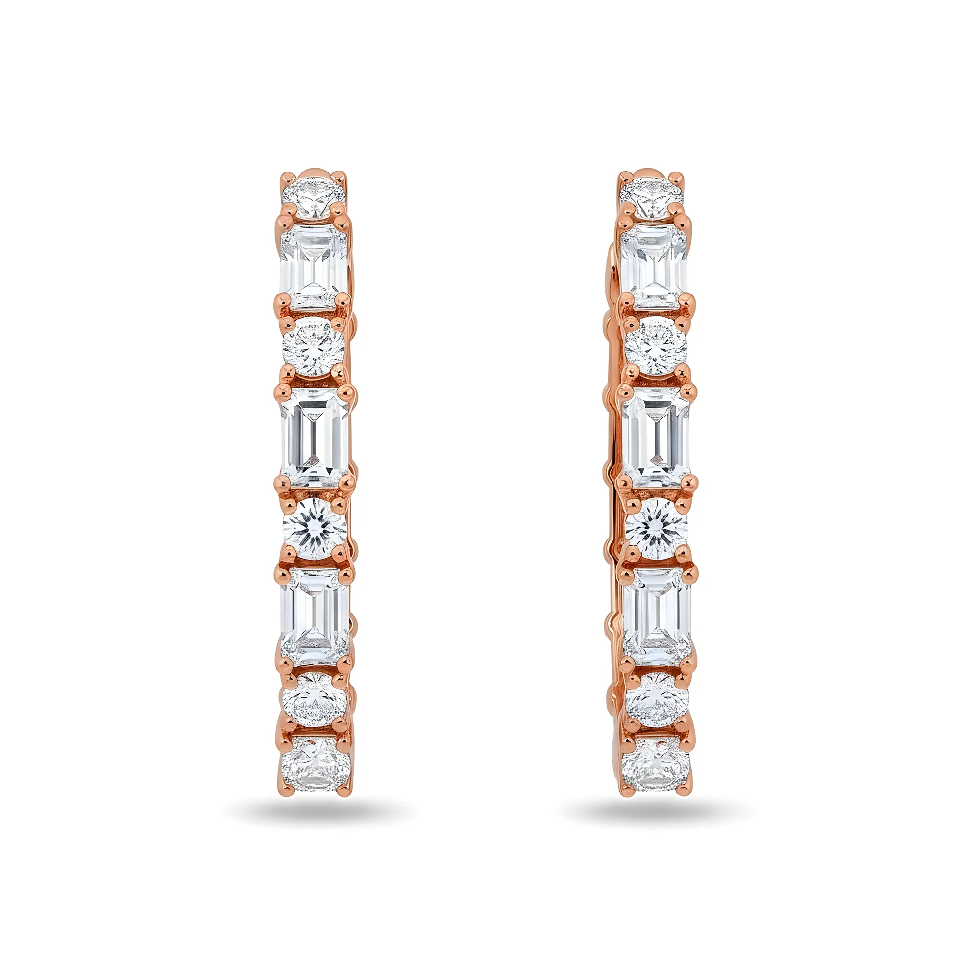 White Gold Round & Emerald Cut Diamond Inside Out Hoop Earrings 3.76ctw - Image 7