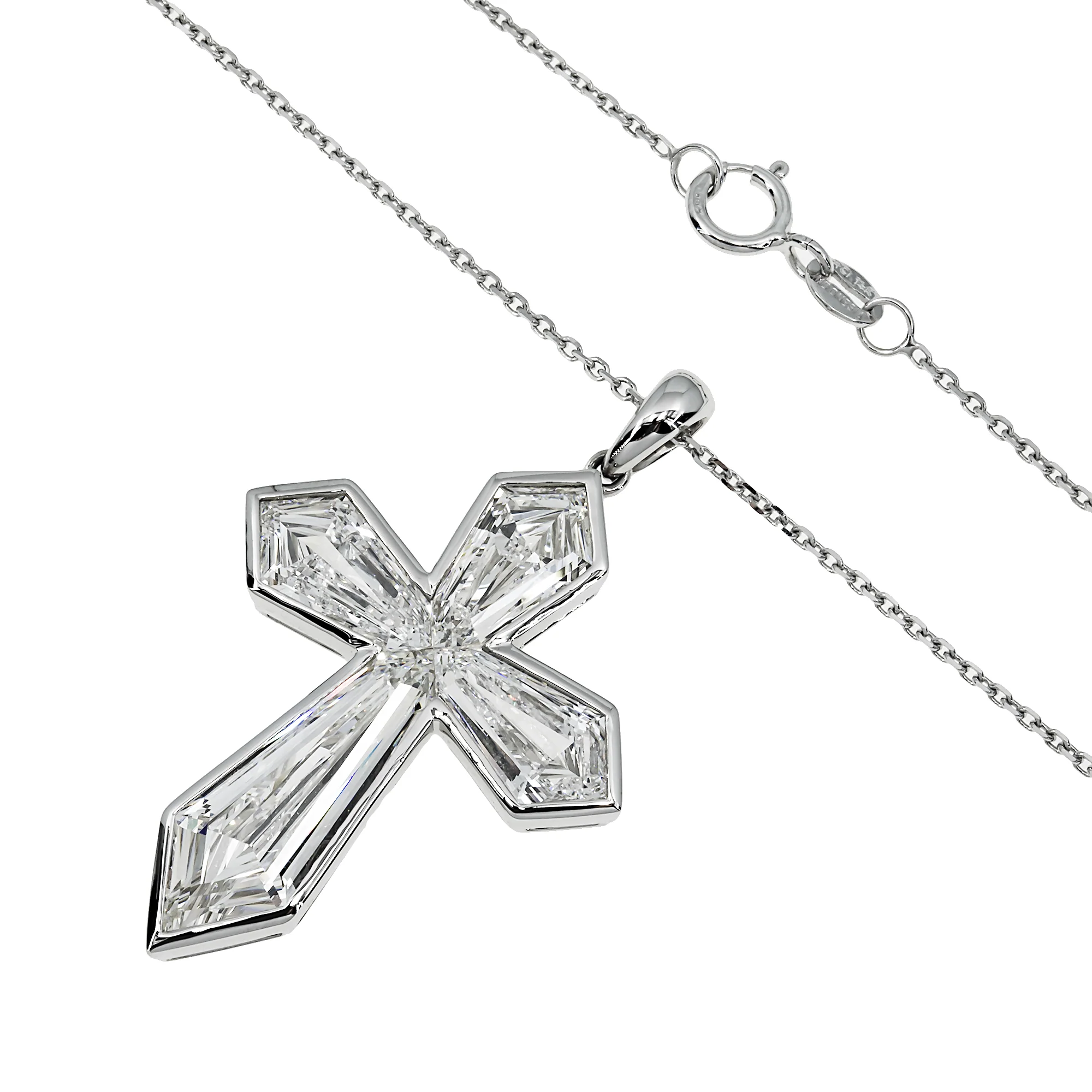 14K & 18K White Gold Step Cut Kite Diamond Cross Pendant & Chain Necklace - Image 3
