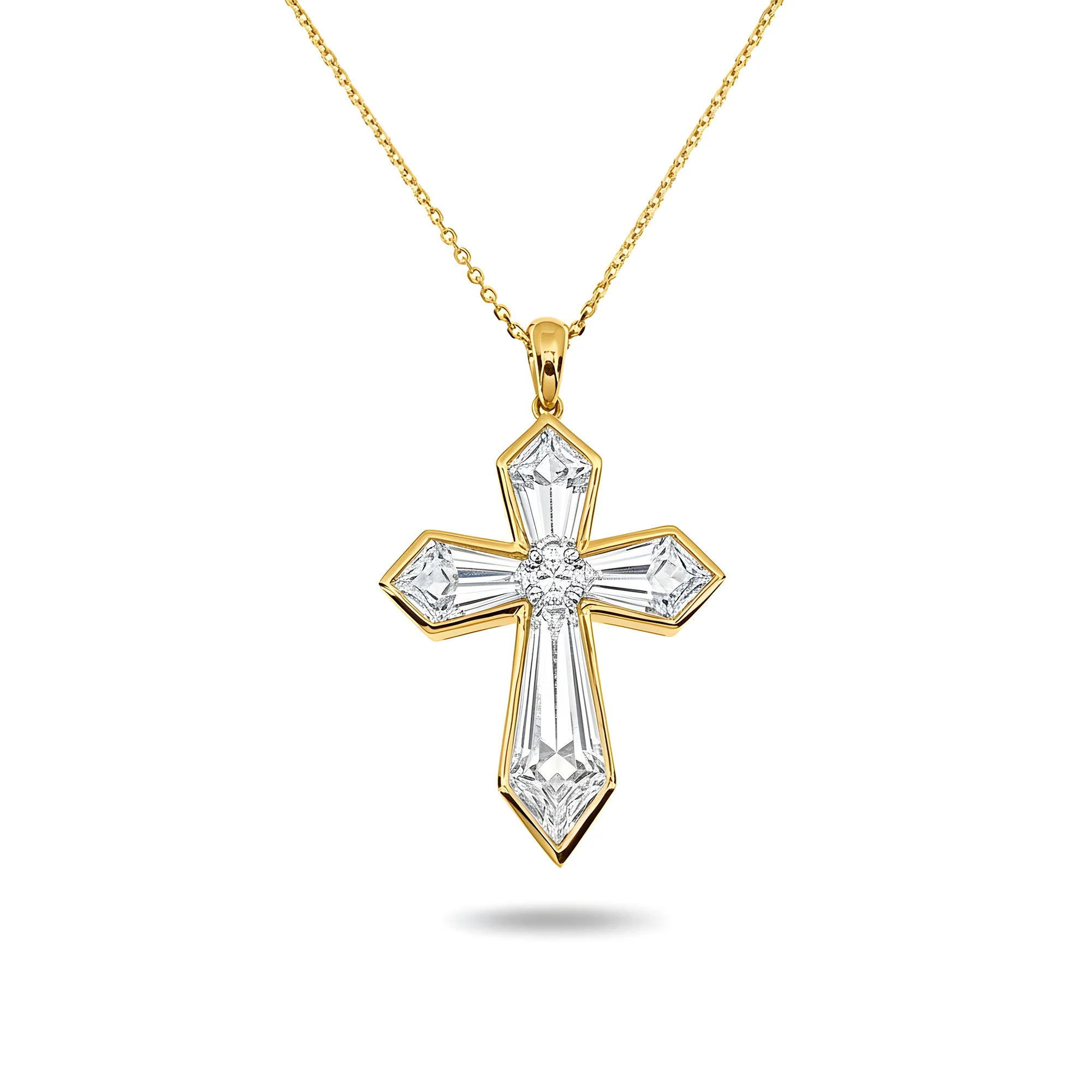 14K & 18K White Gold Step Cut Kite Diamond Cross Pendant & Chain Necklace - Image 4
