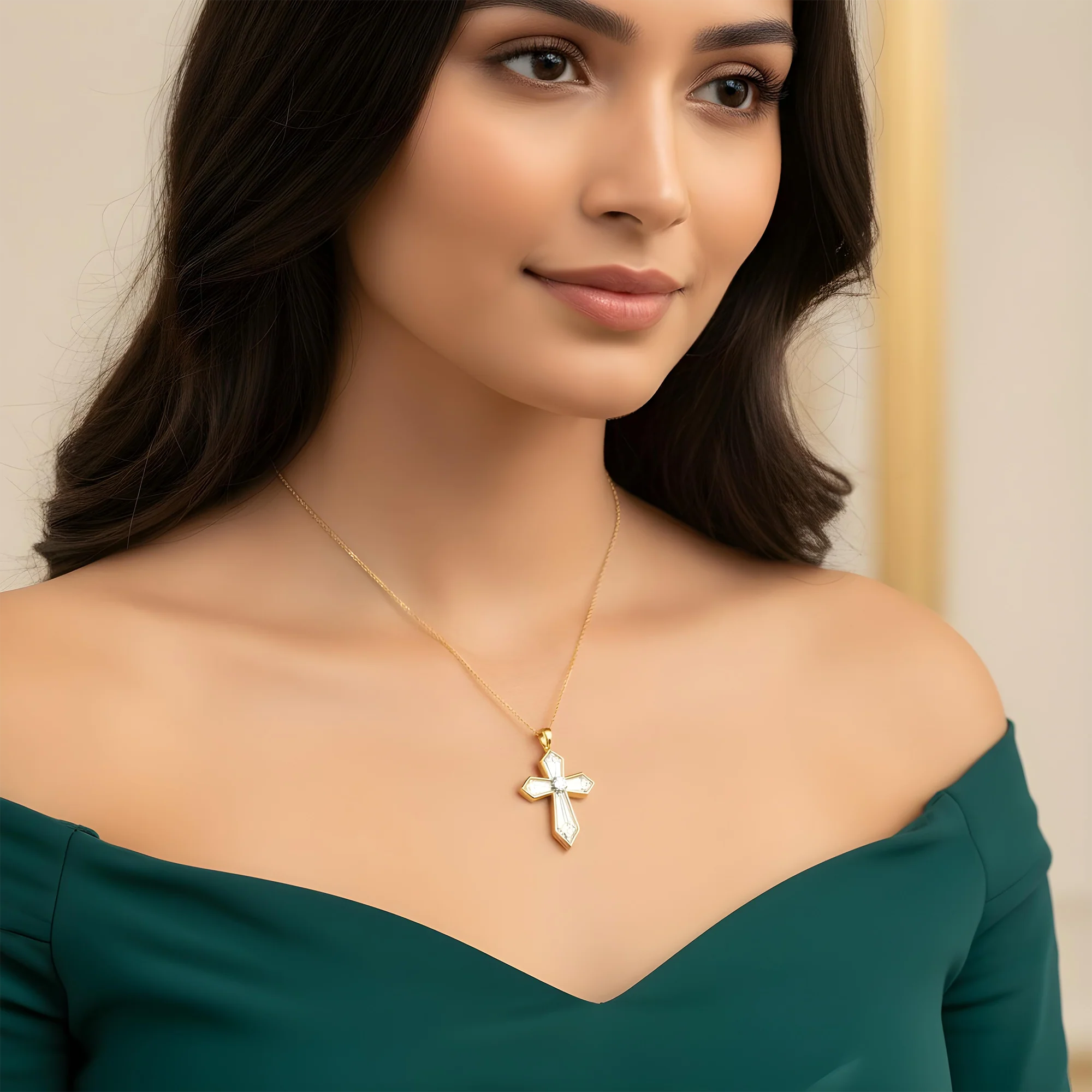 14K & 18K White Gold Step Cut Kite Diamond Cross Pendant & Chain Necklace - Image 5