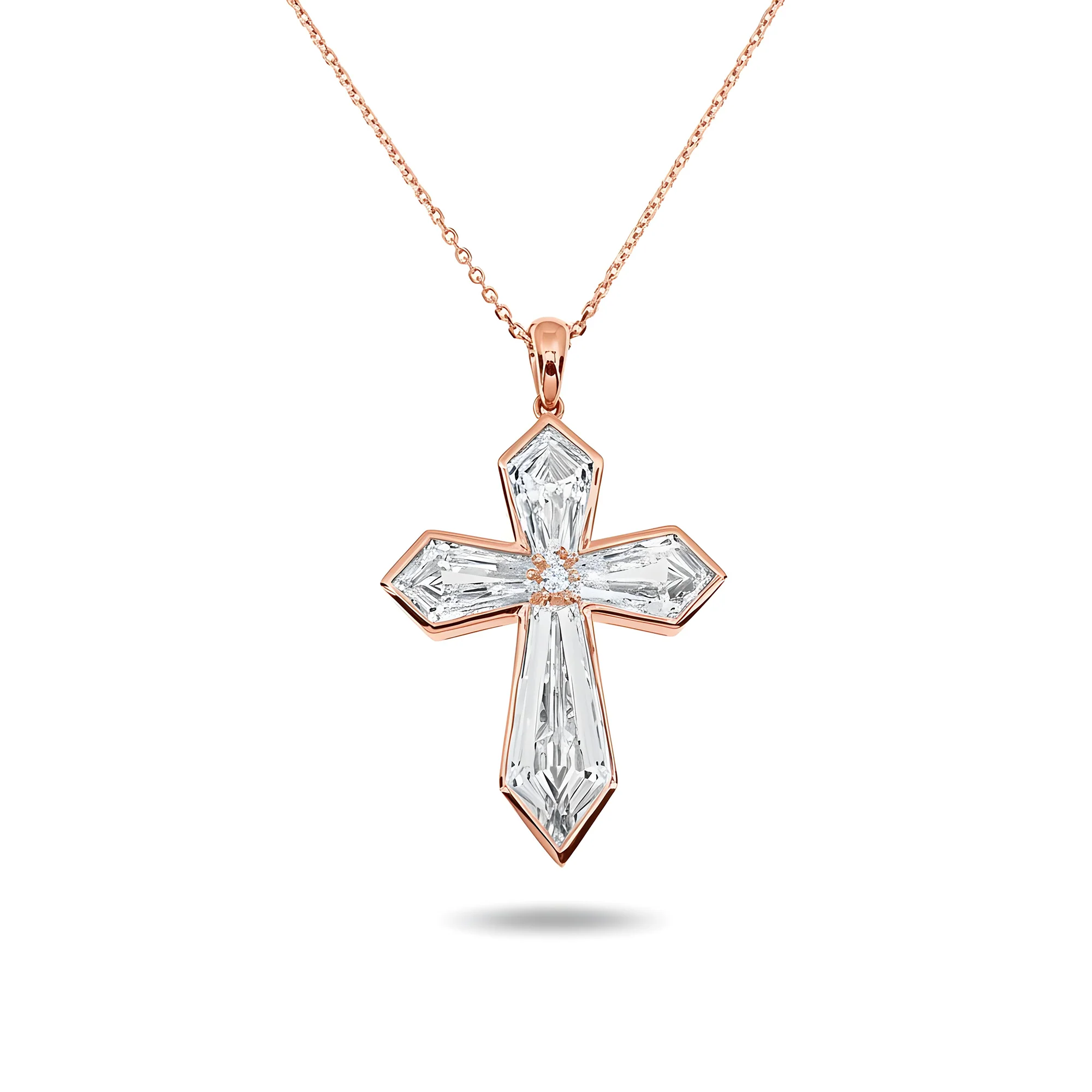 14K & 18K White Gold Step Cut Kite Diamond Cross Pendant & Chain Necklace - Image 6