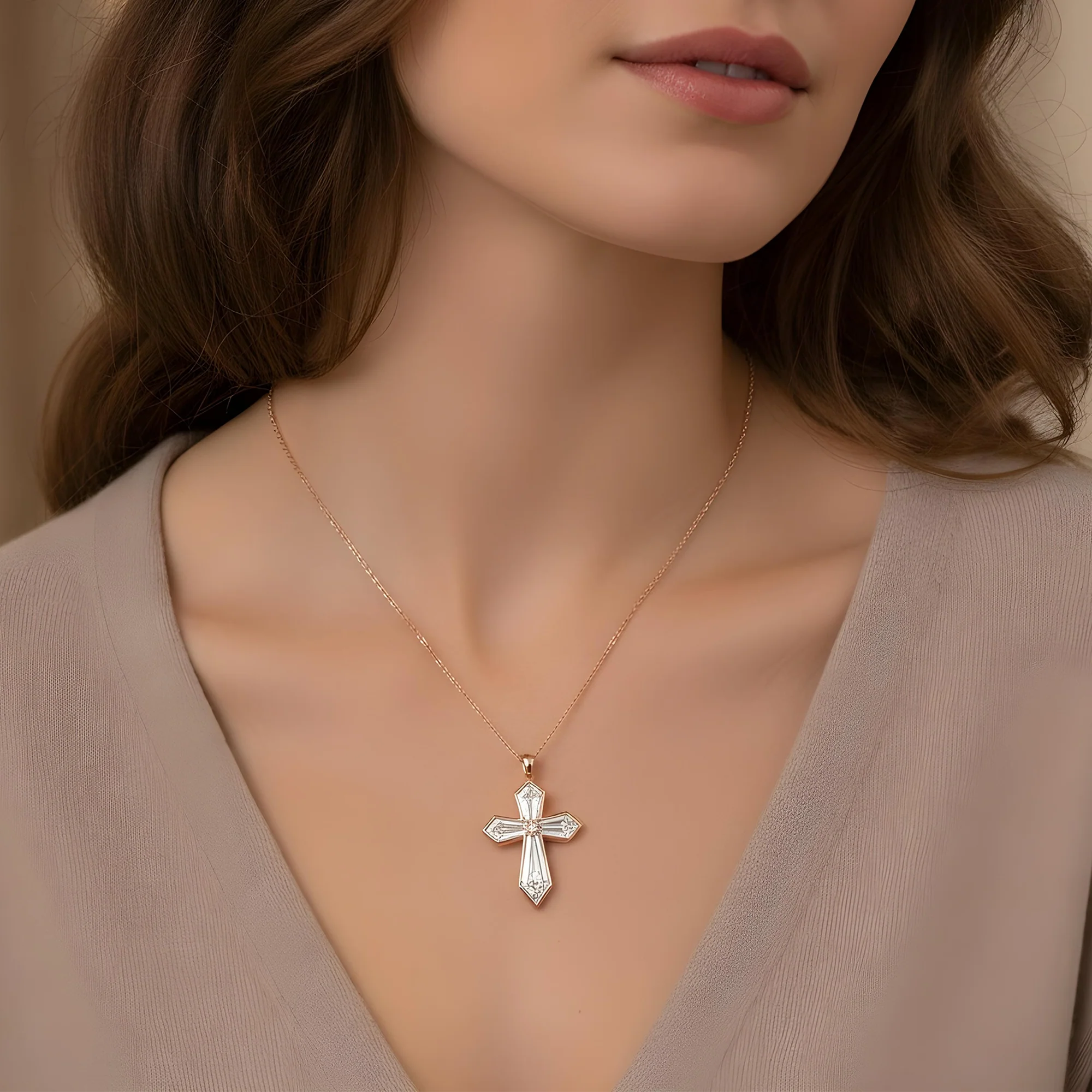 14K & 18K White Gold Step Cut Kite Diamond Cross Pendant & Chain Necklace - Image 7