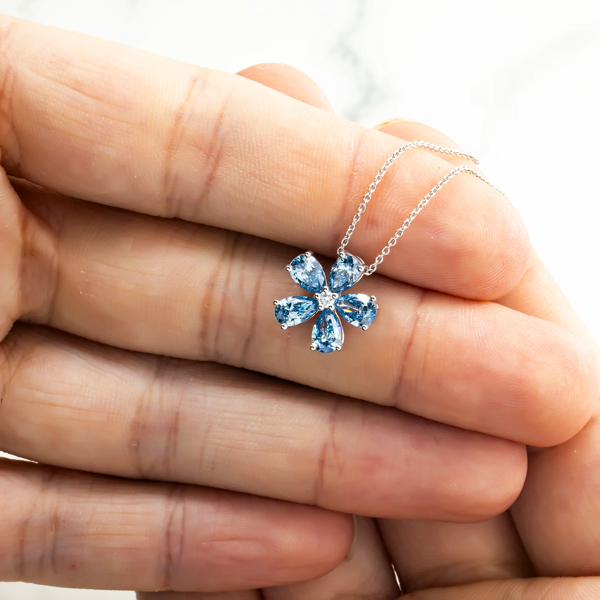 14K & 18K White Gold Pear Cut Blue Diamond Flower Necklace 1.34ct - Image 2