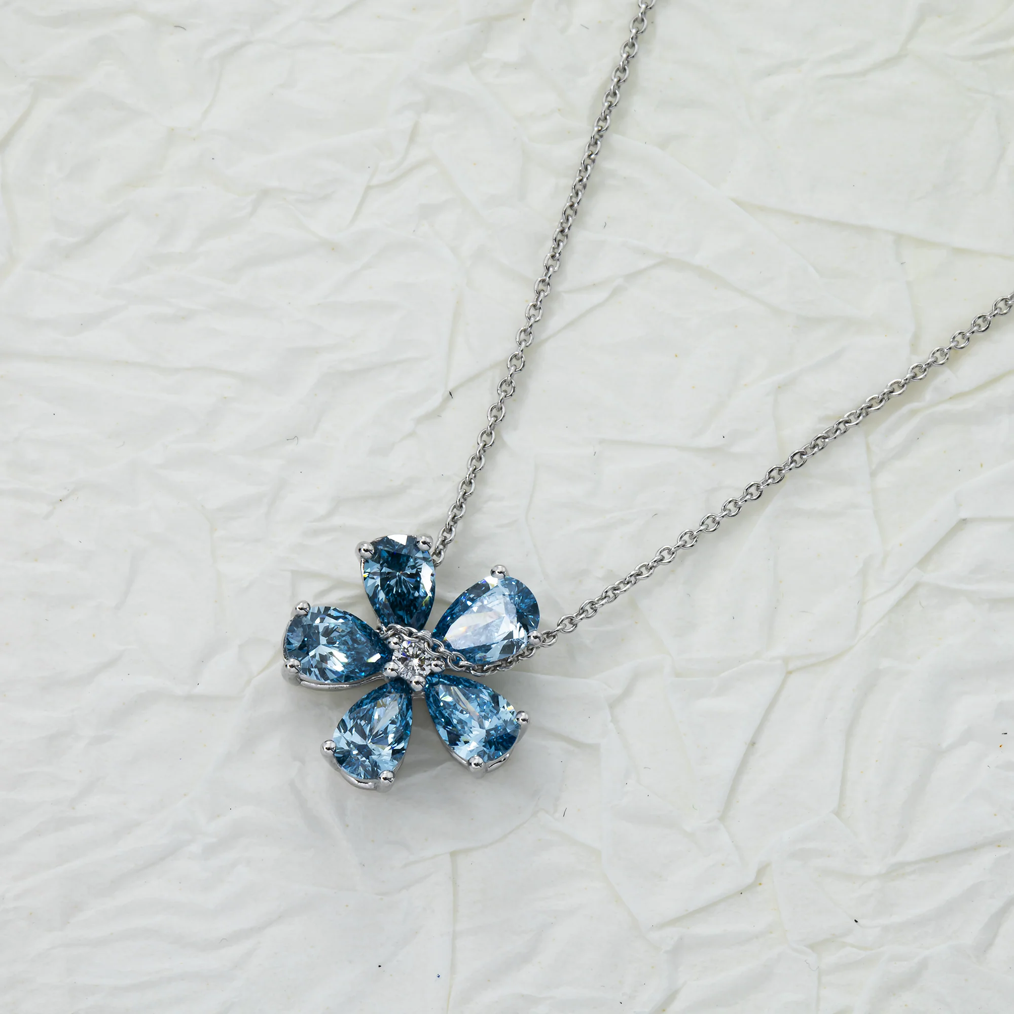 14K & 18K White Gold Pear Cut Blue Diamond Flower Necklace 1.34ct - Image 4