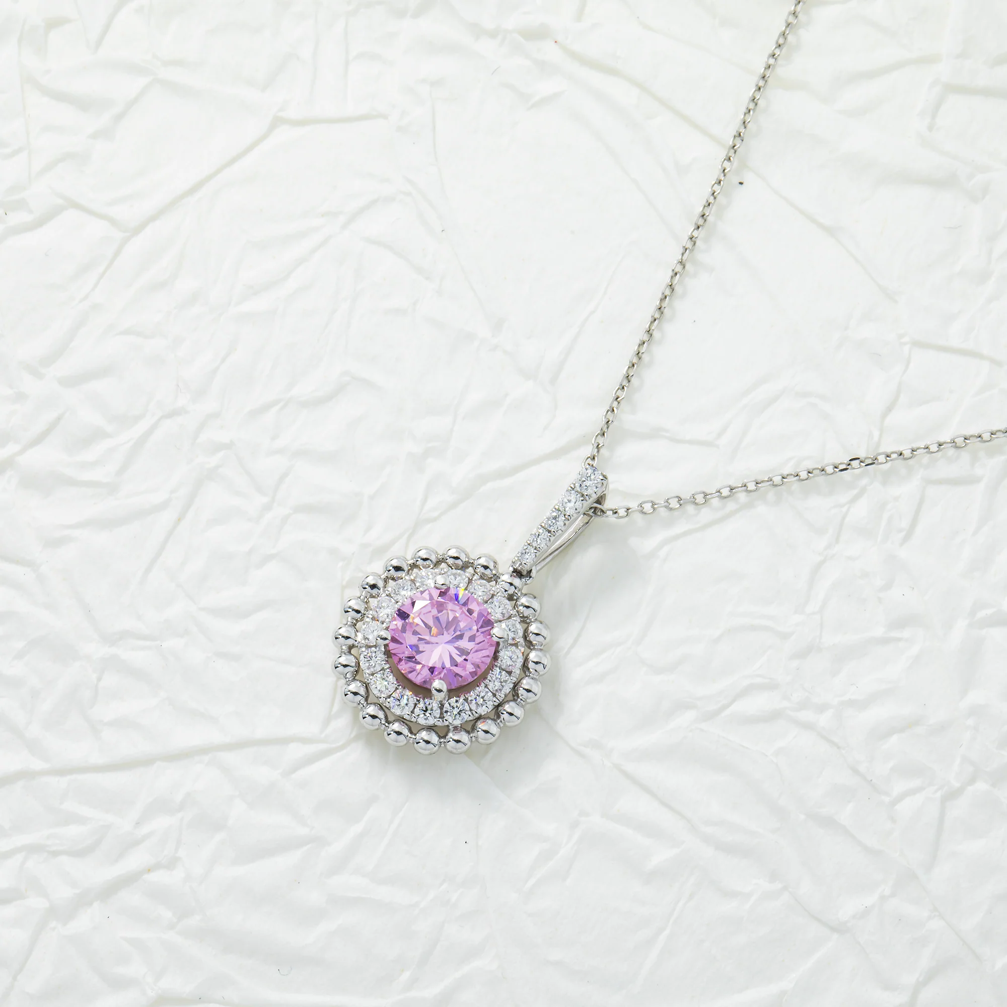 14K & 18K White Gold Round Pink Sapphire & Diamond Necklace - Image 3
