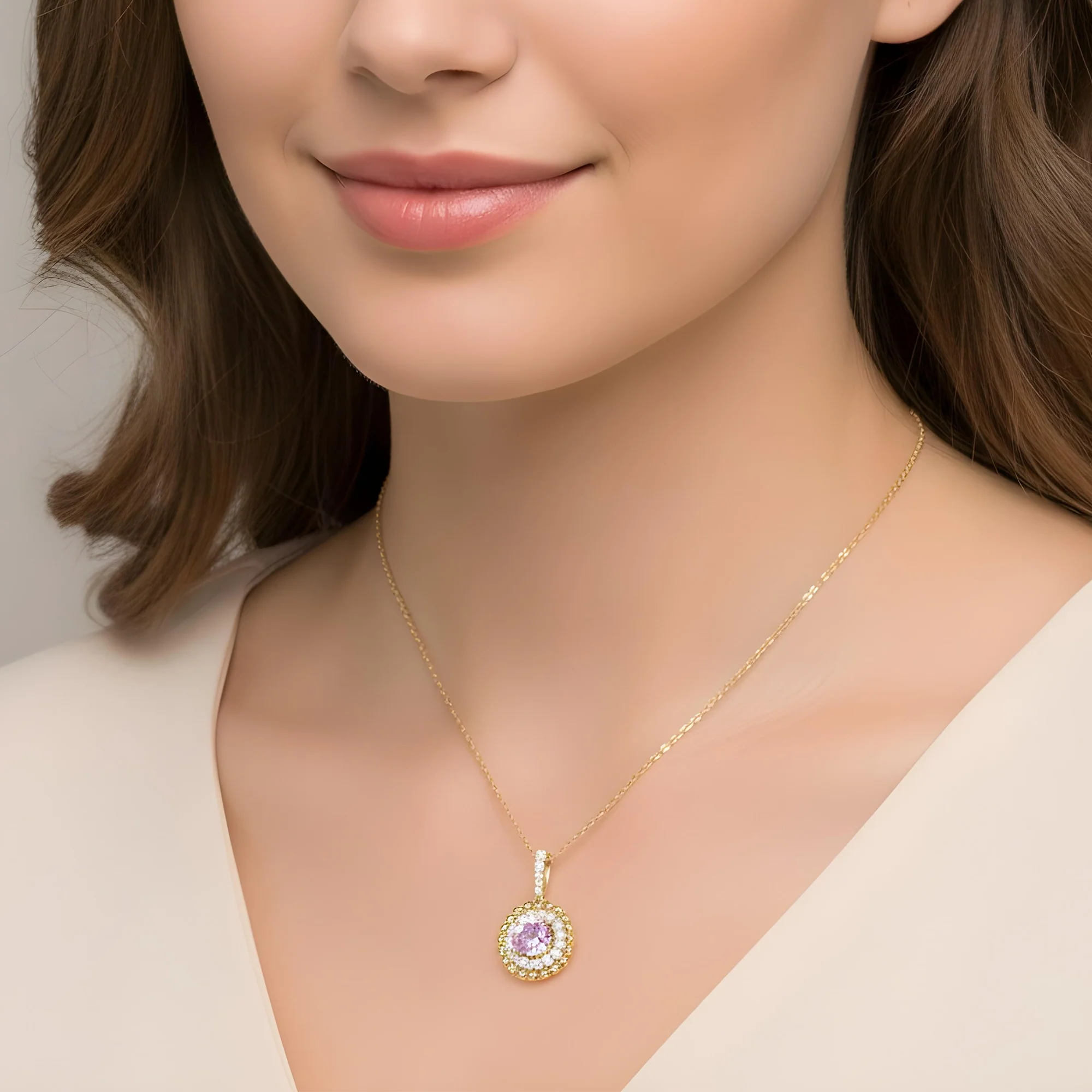 14K & 18K White Gold Round Pink Sapphire & Diamond Necklace - Image 6