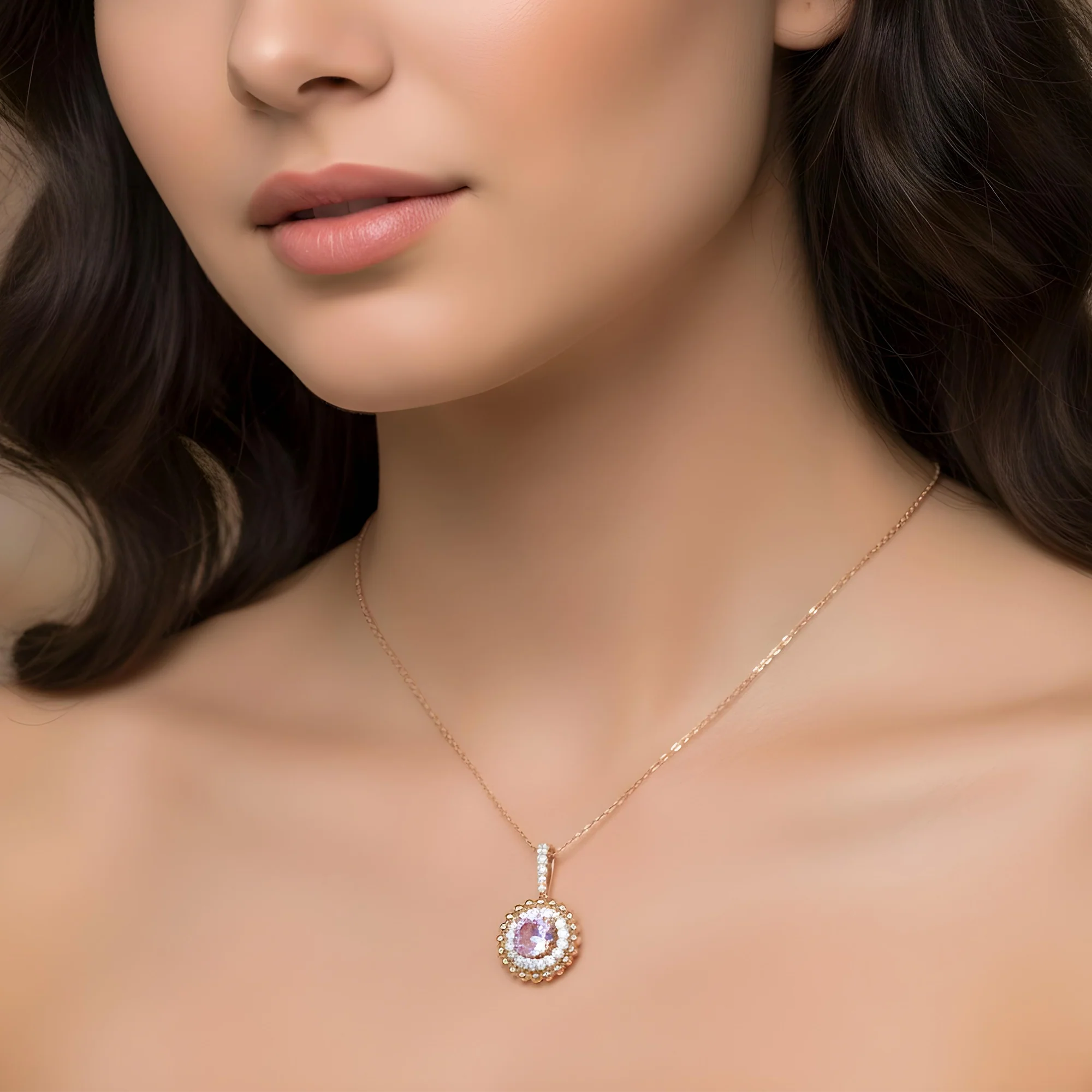 14K & 18K White Gold Round Pink Sapphire & Diamond Necklace - Image 8