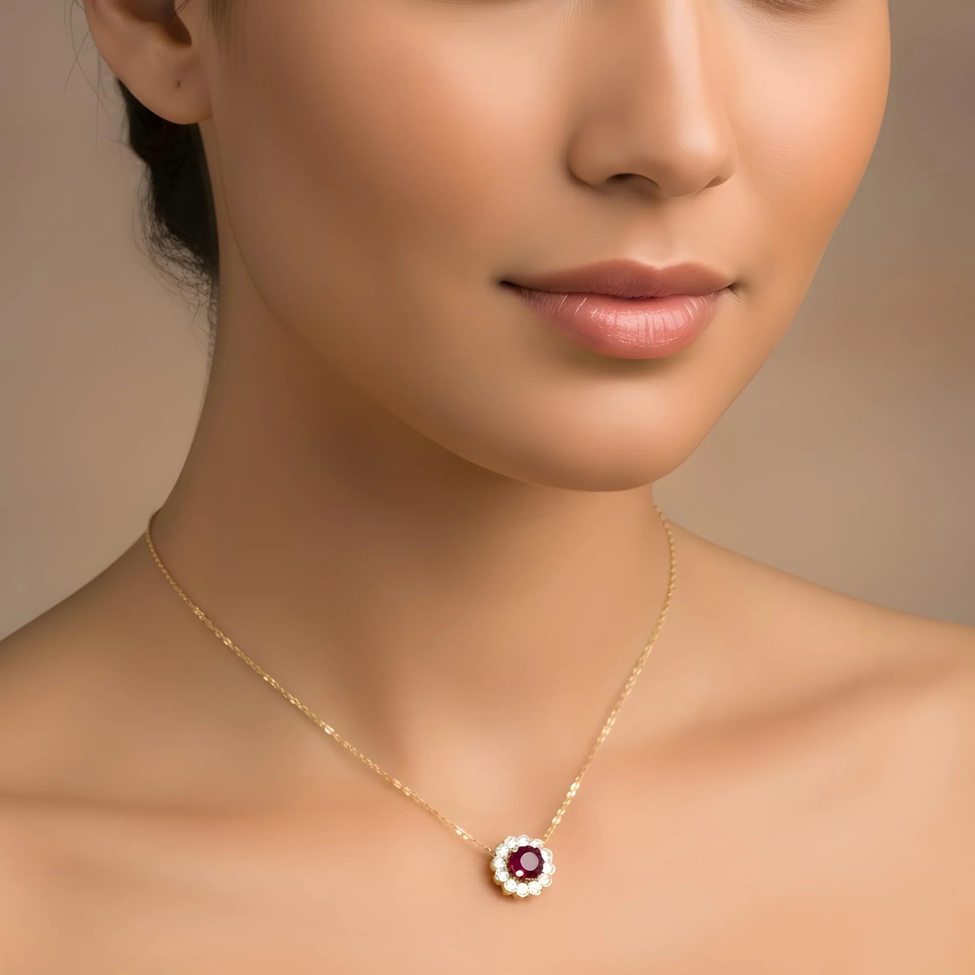 14K & 18K White Gold Round Diamond & Ruby Gemstone Necklace - Image 6