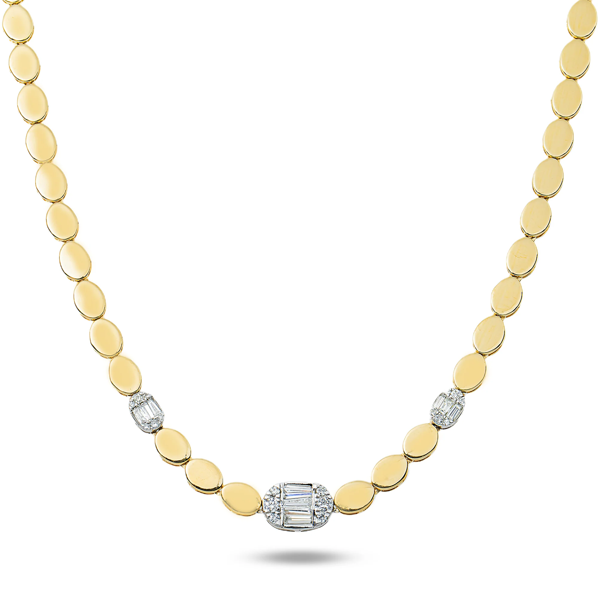 14K Yellow Gold Diamond Triple Baguette Necklace 0.88ct