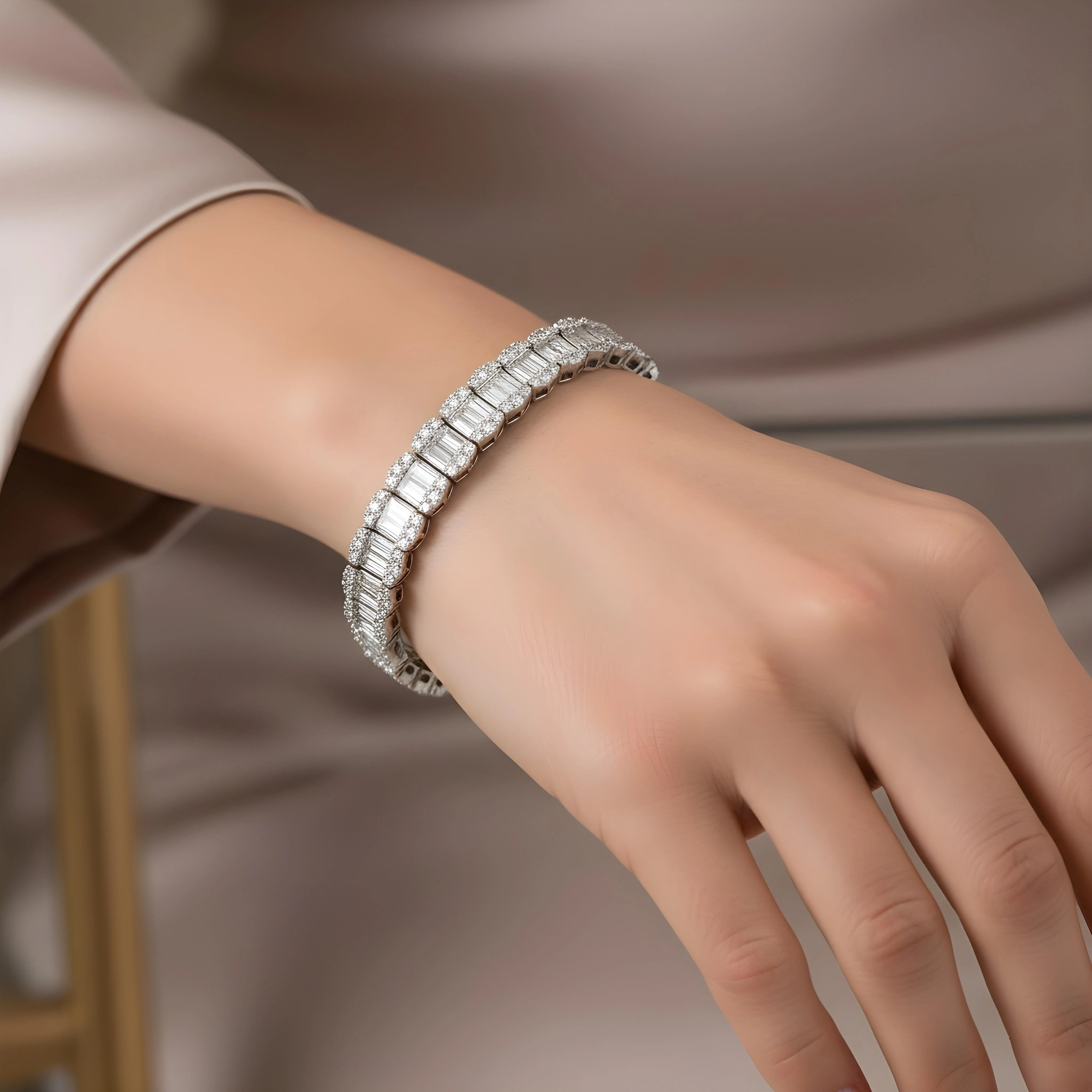 14K Rose Gold Graduated Baguette & Round Diamond Bracelet 14.48ct - Image 5