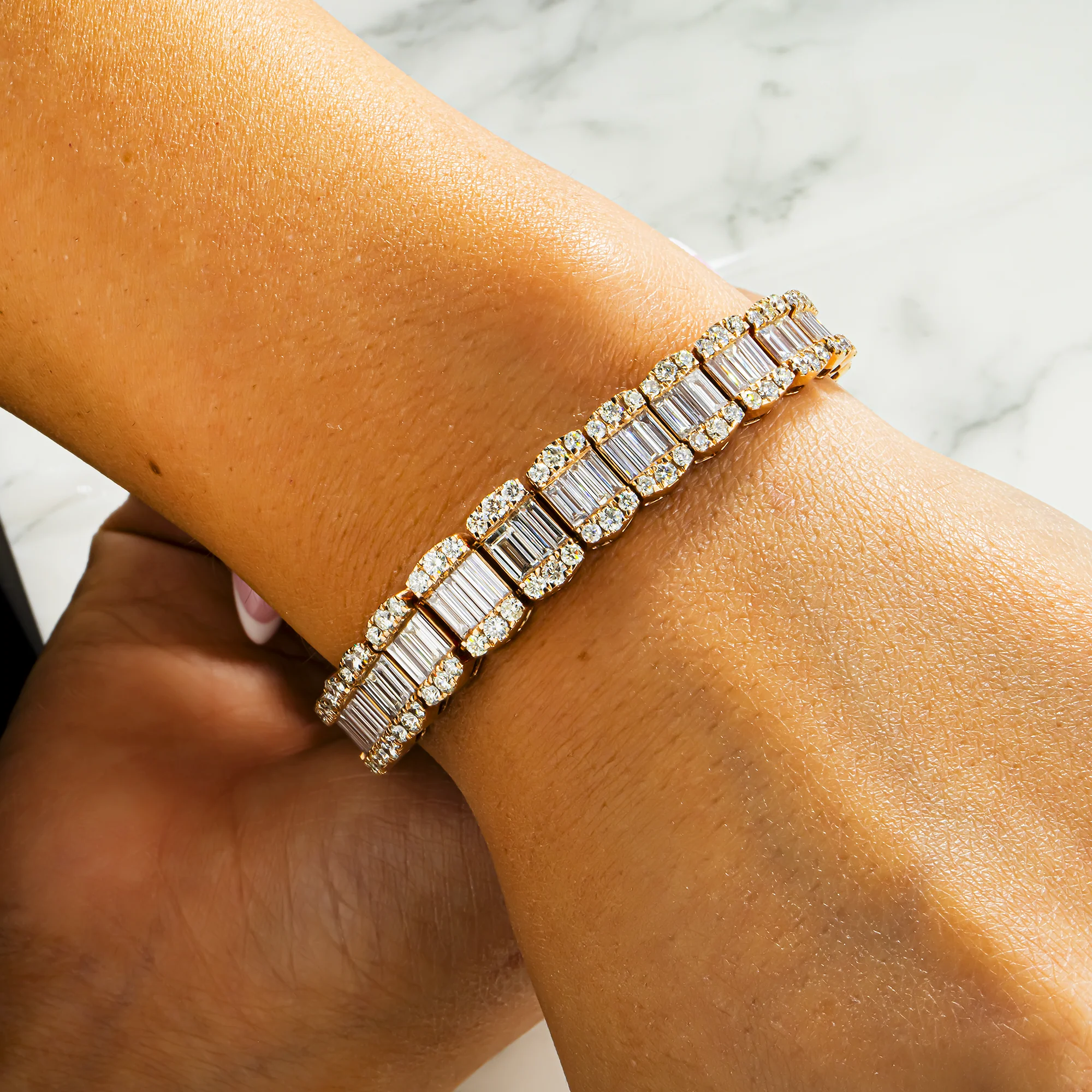14K Rose Gold Graduated Baguette & Round Diamond Bracelet 14.48ct - Image 7