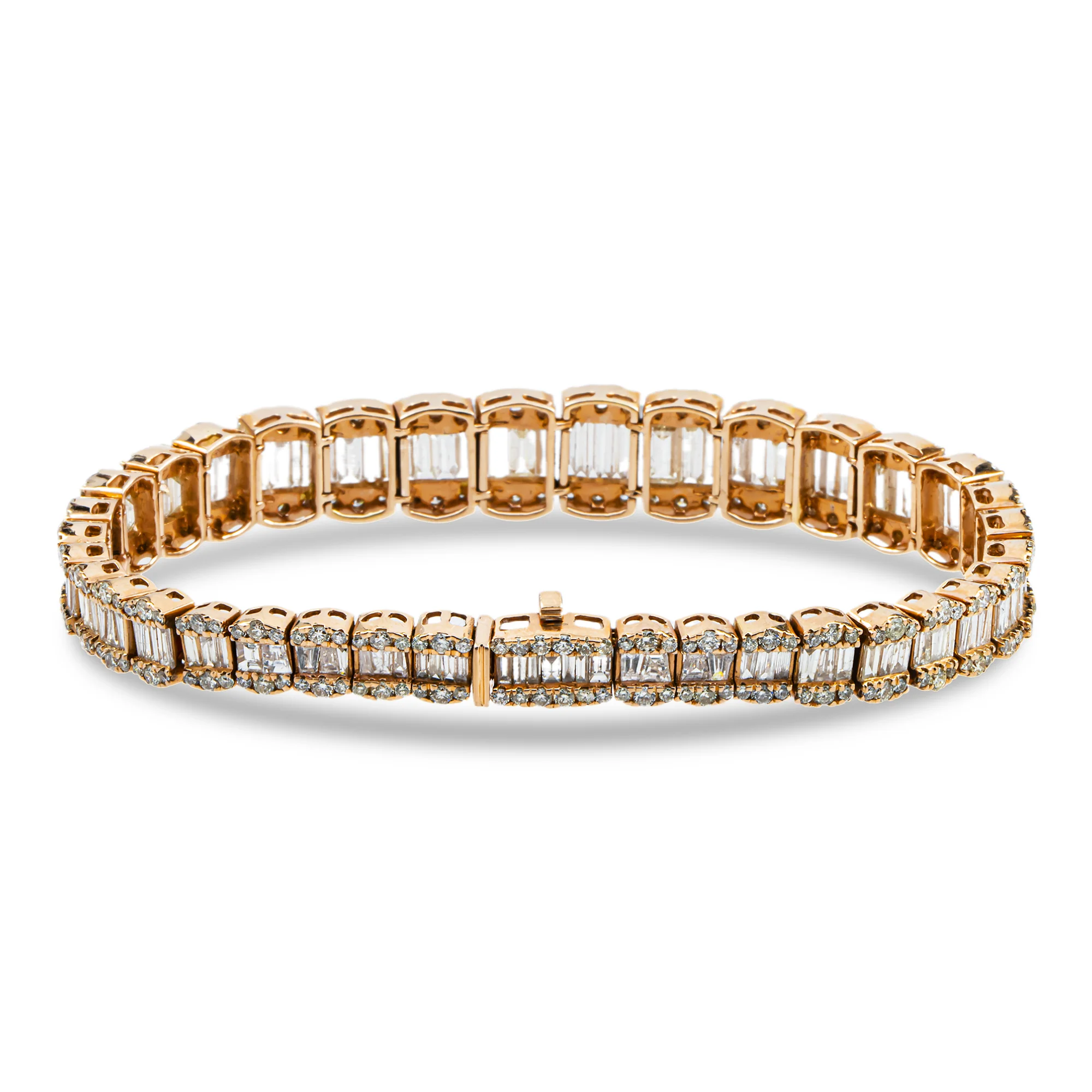 14K Rose Gold Graduated Baguette & Round Diamond Bracelet 14.48ct - Image 9