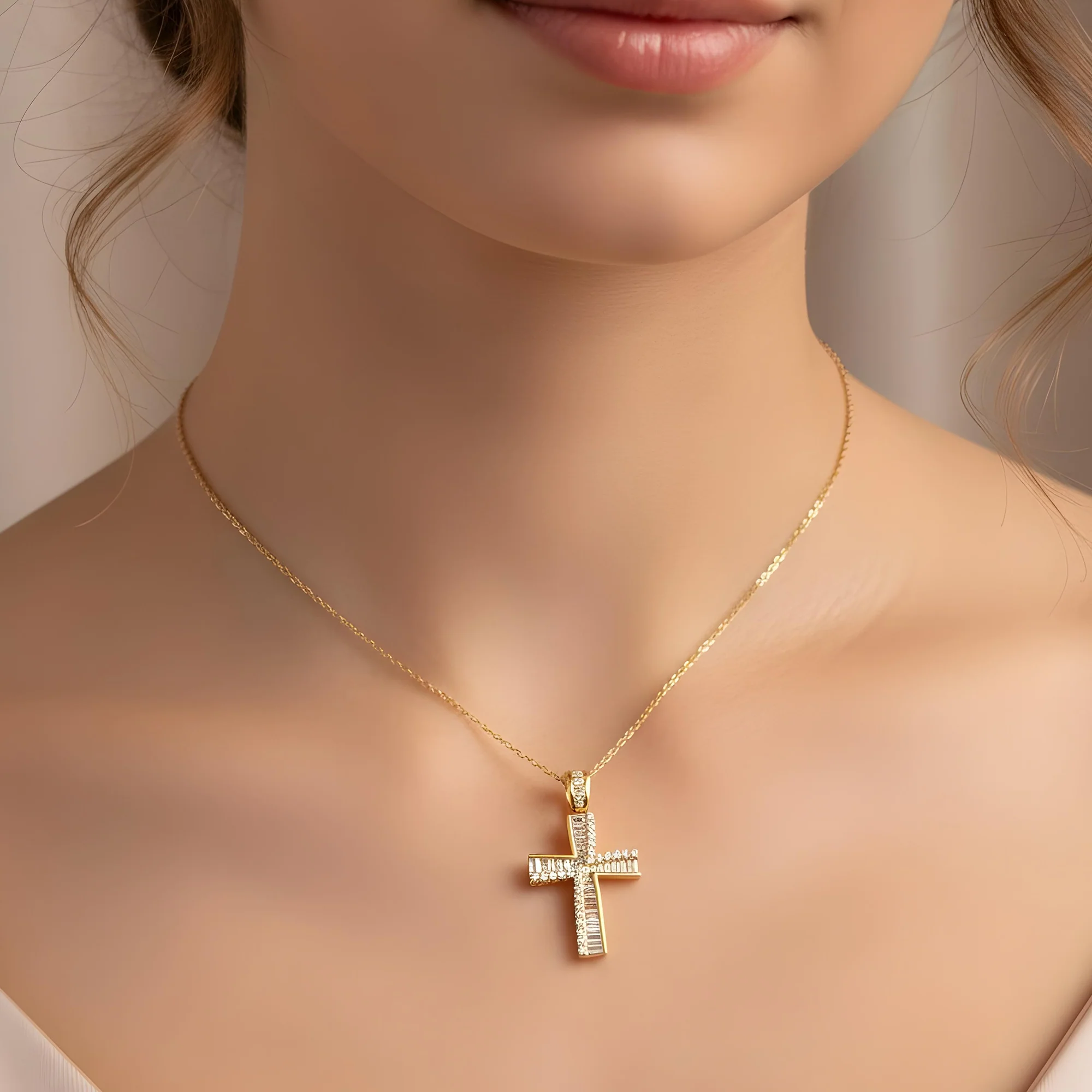 14K Rose Gold Baguette & Round Diamond Cross Pendant 1.14ct - Image 10