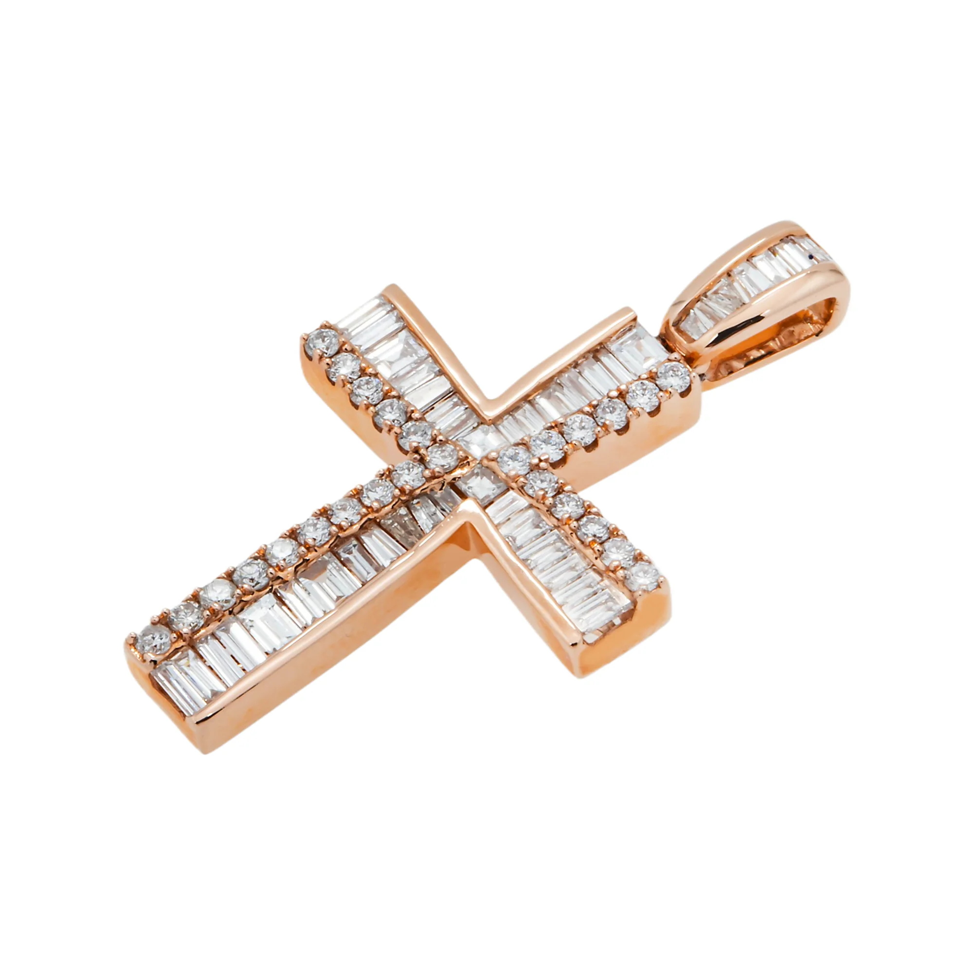 14K Rose Gold Baguette & Round Diamond Cross Pendant 1.14ct - Image 3