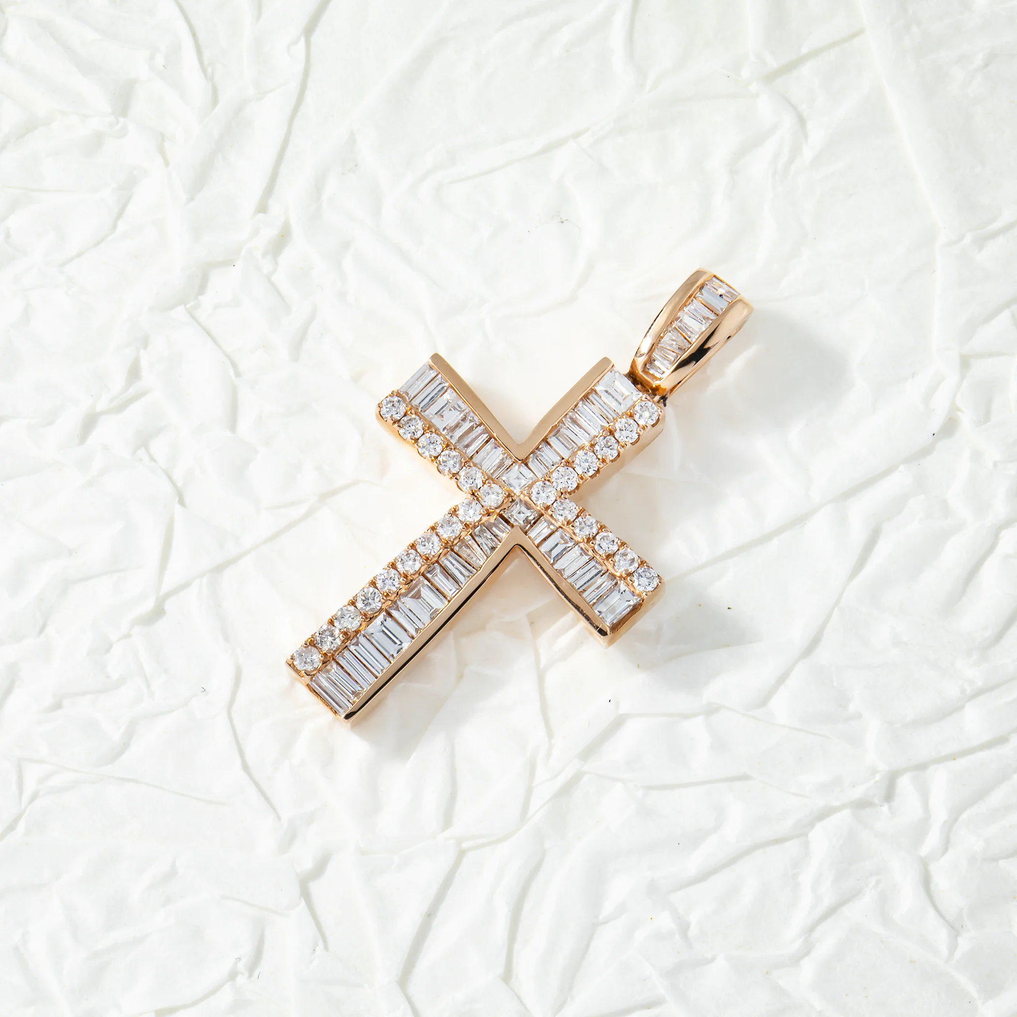 14K Rose Gold Baguette & Round Diamond Cross Pendant 1.14ct - Image 5