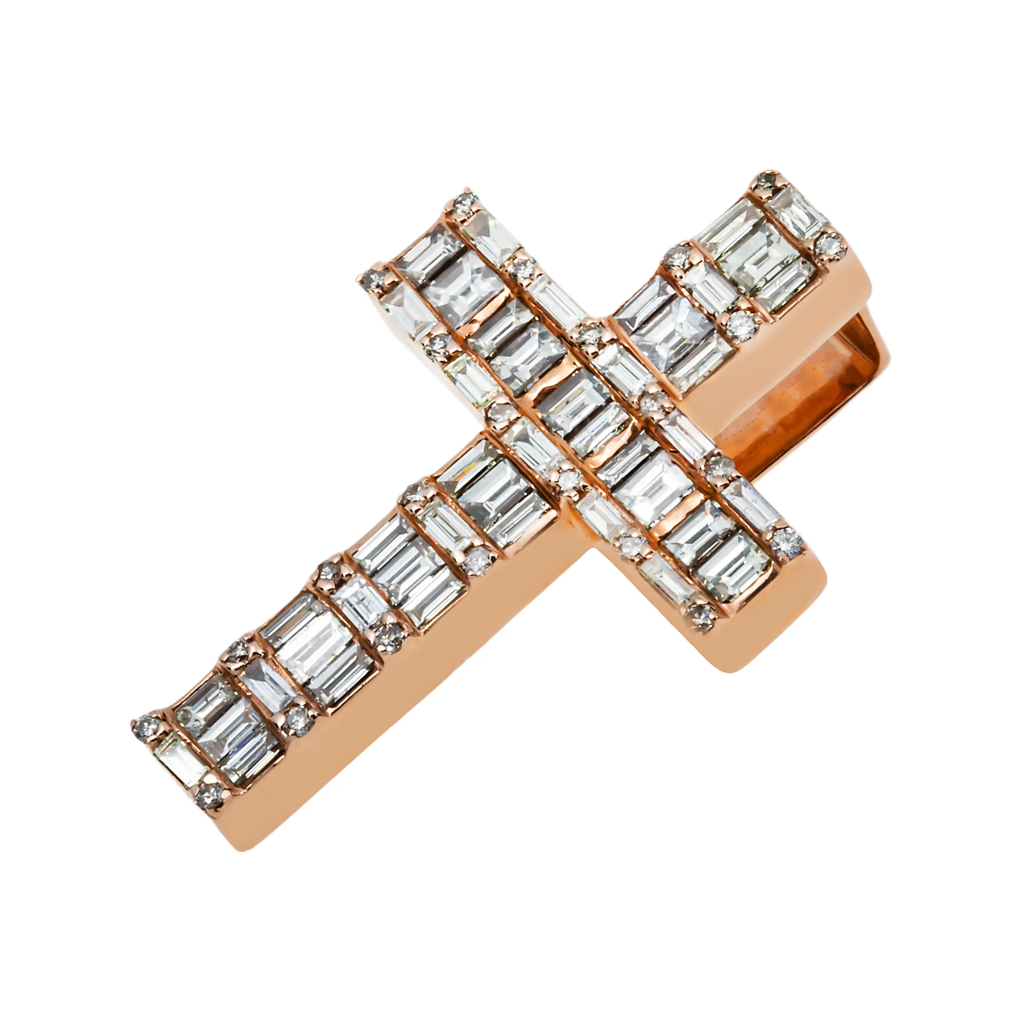 14K Rose Gold Baguette & Round Diamond Cross Pendant 2.30ct - Image 3