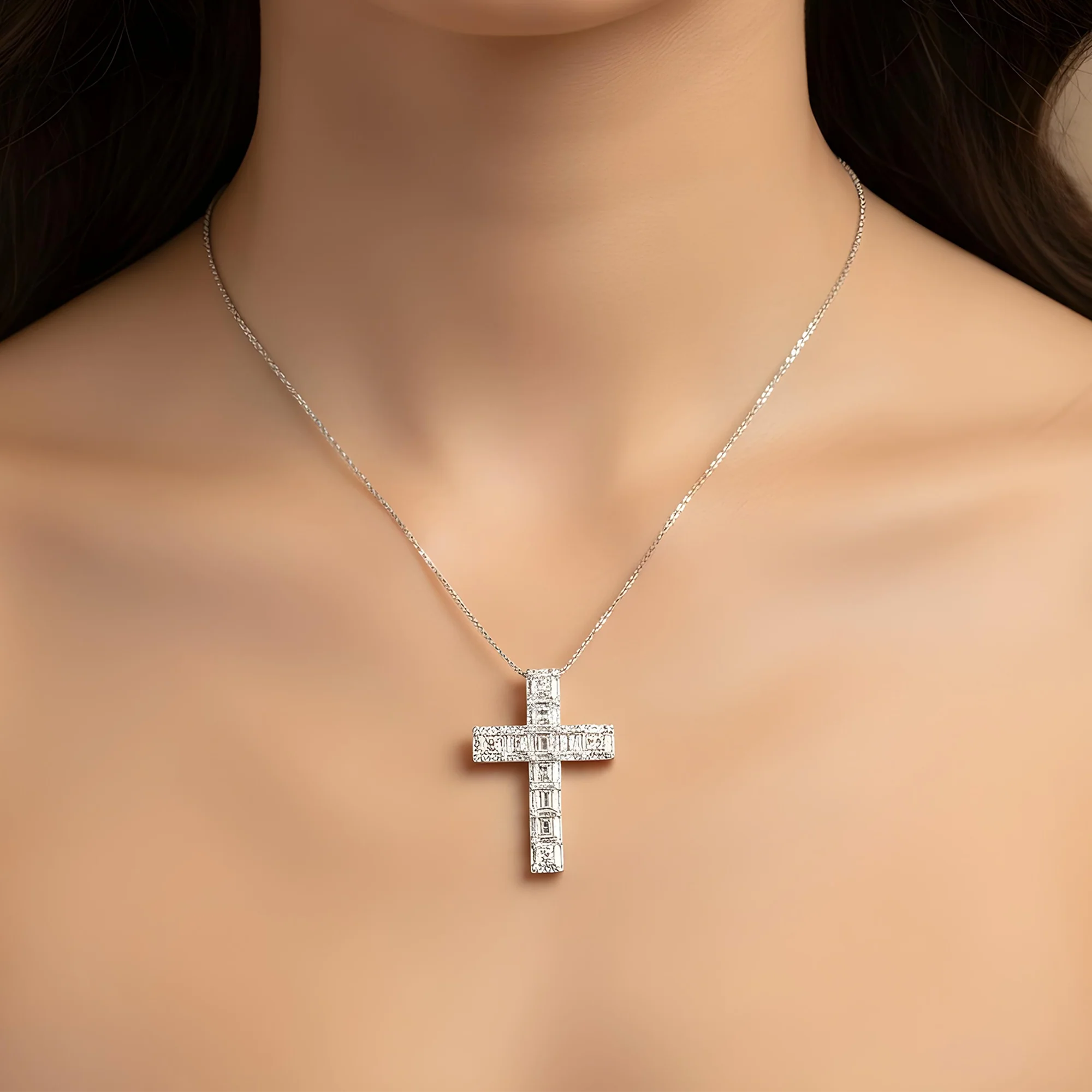 14K Rose Gold Baguette & Round Diamond Cross Pendant 2.30ct - Image 7