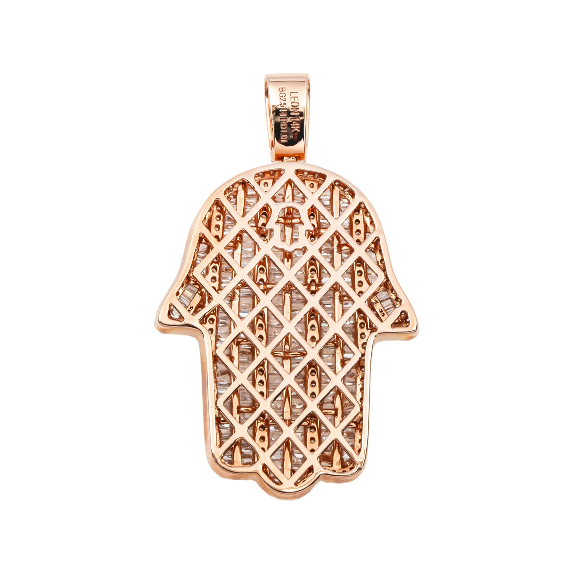 14K Rose Gold Baguette & Round Diamond Hamsa Pendant 3.52ct - Image 3