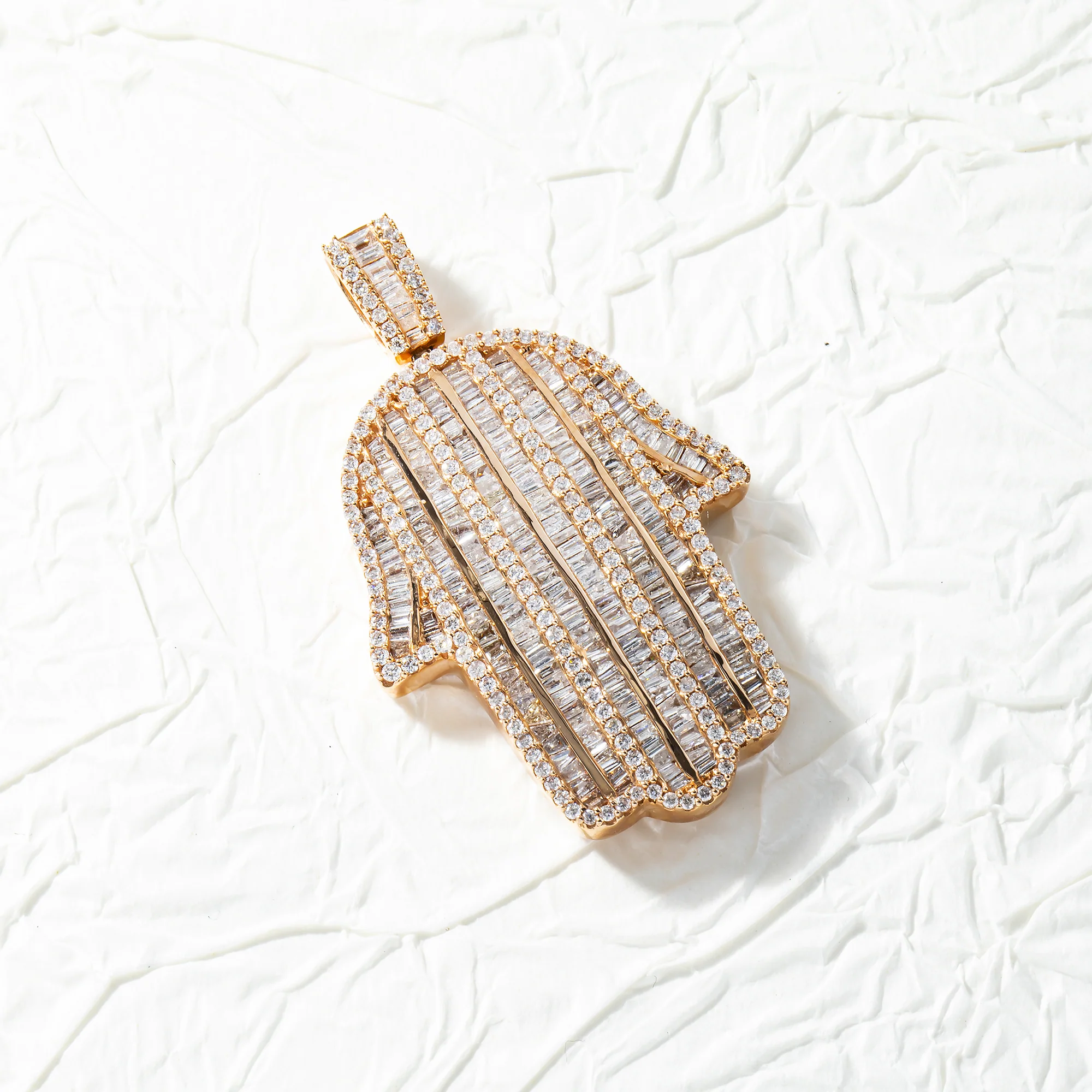 14K Rose Gold Baguette & Round Diamond Hamsa Pendant 3.52ct - Image 4