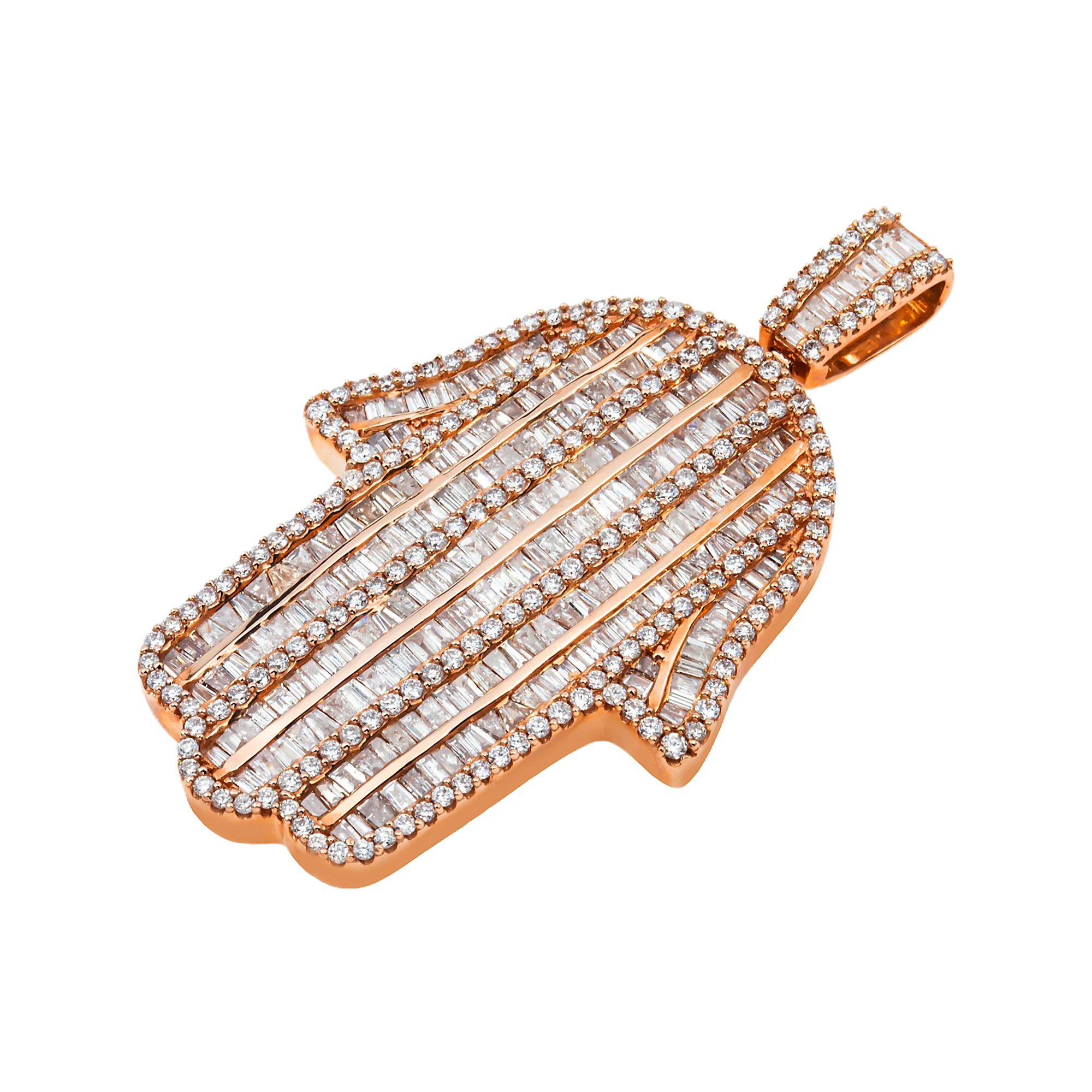 14K Rose Gold Baguette & Round Diamond Hamsa Pendant 3.52ct - Image 5