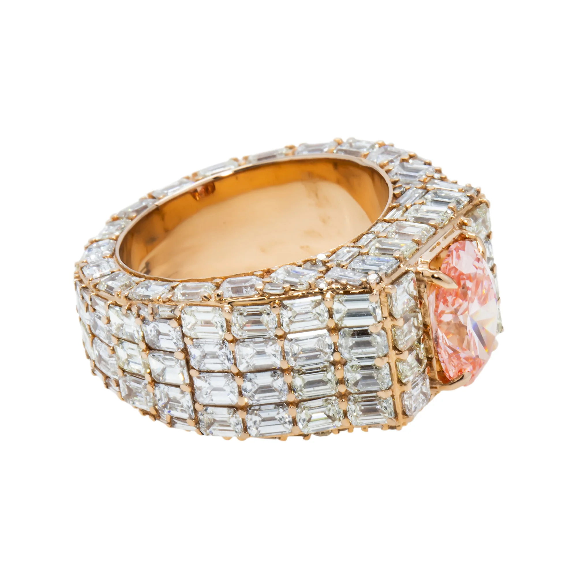 14K Rose Gold Emerald & Oval Cut Fancy Vivid Pink Diamond Ring 18.59ctw - Image 3