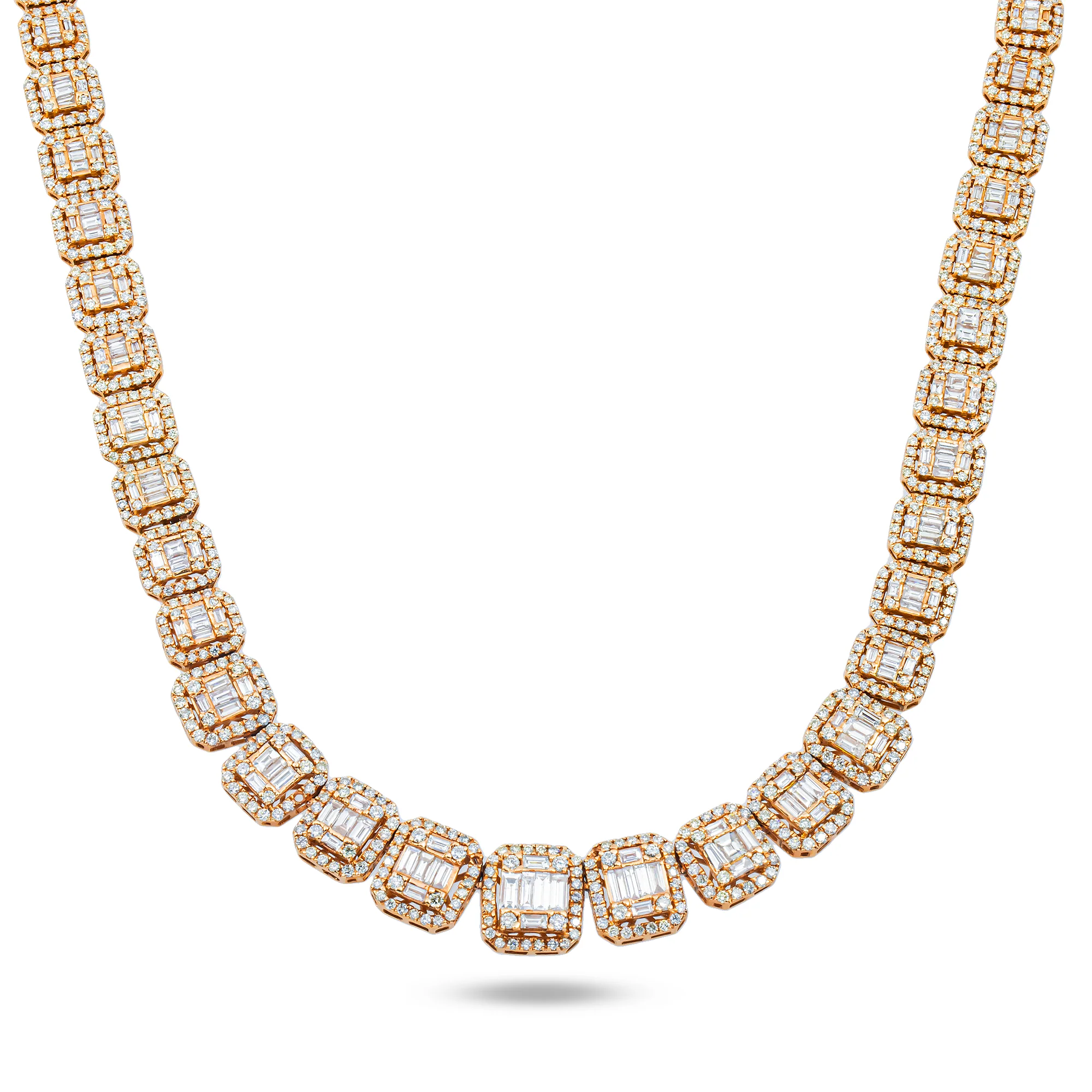 14K Rose Gold Graduated Round & Baguette Cut Diamond Tennis Chain 23.96ct