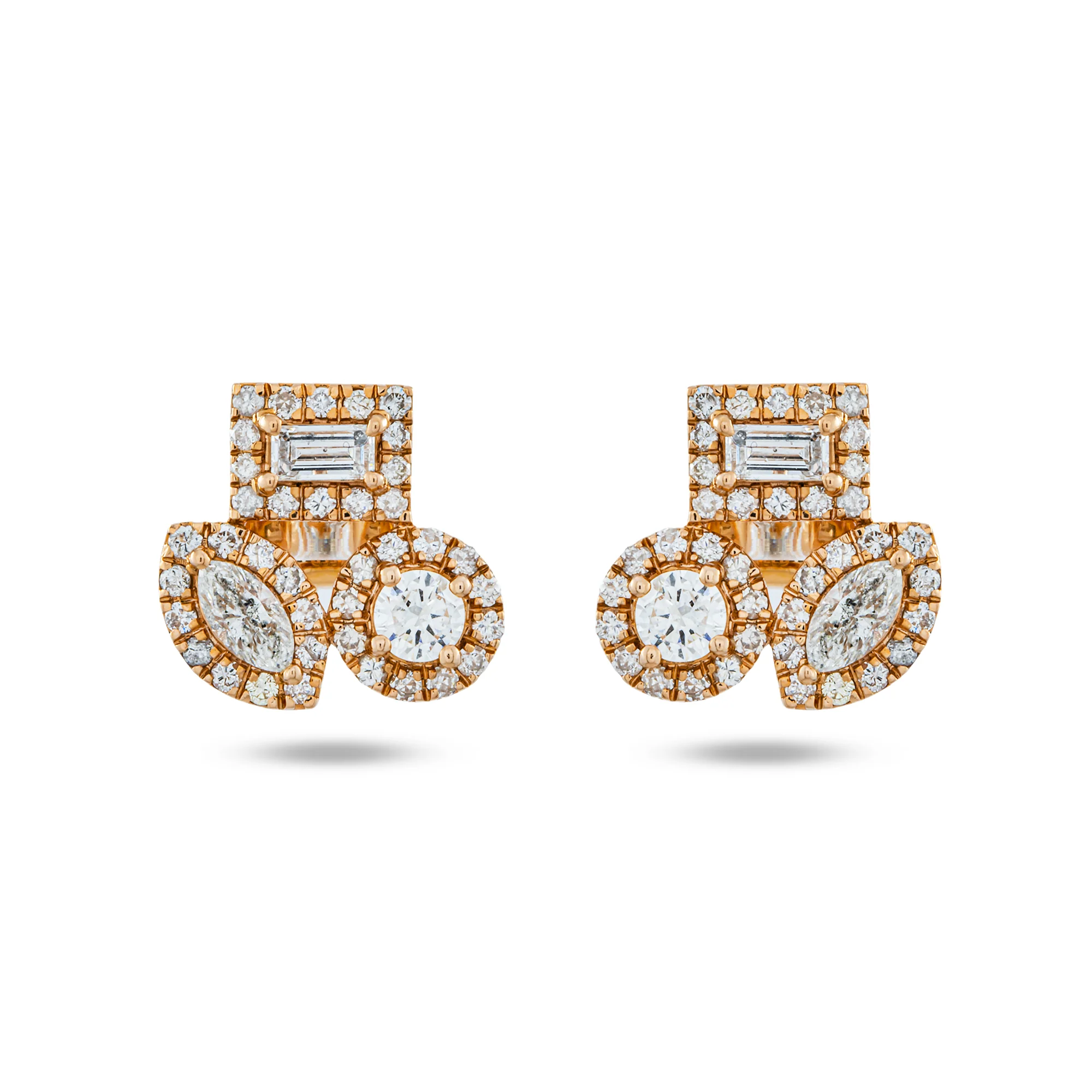 14K Rose Gold Multi Shape Diamond Cluster Stud Earrings 1.37ctw