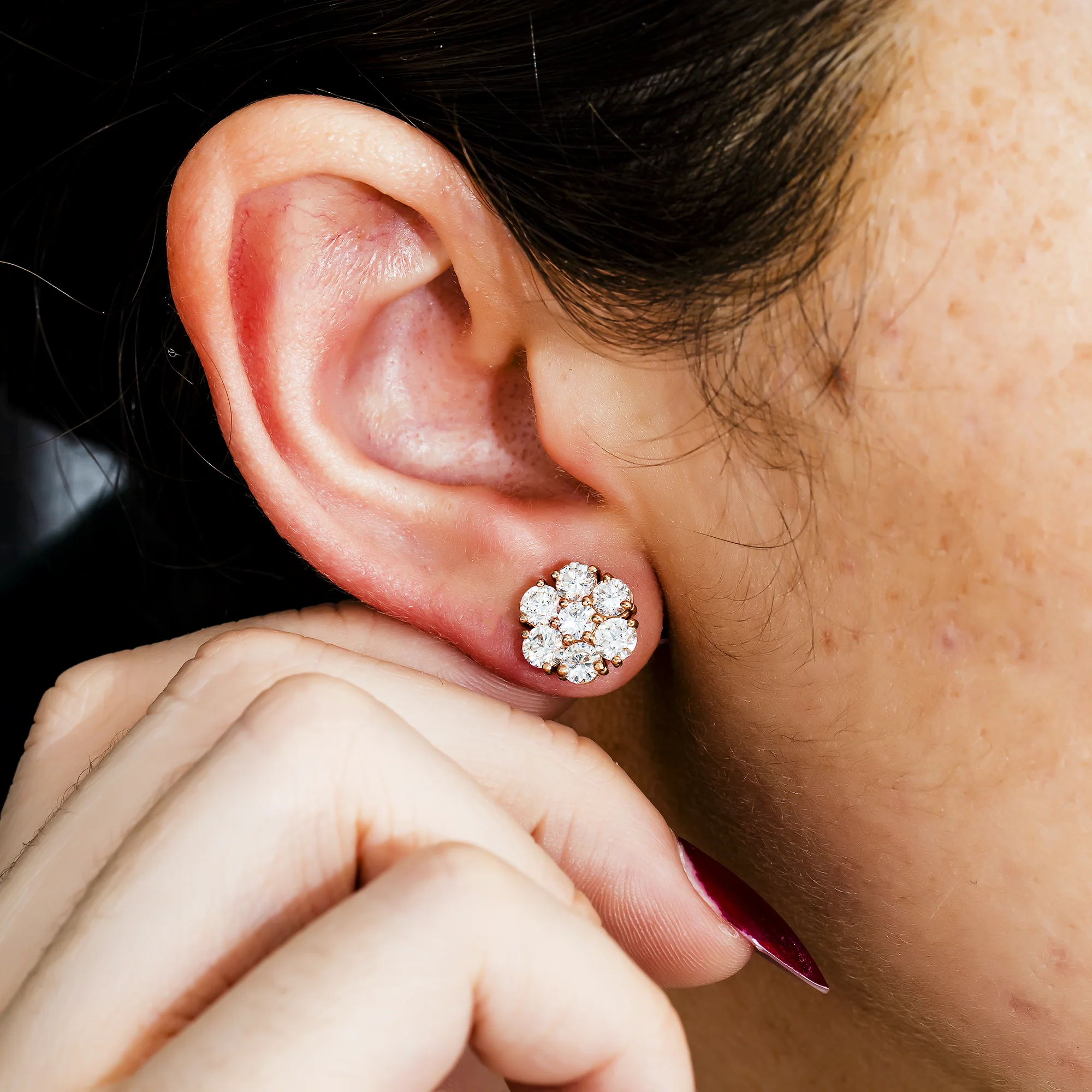 14K Rose Gold Round Diamond Cluster Stud Earrings 3.0ctw - Image 2