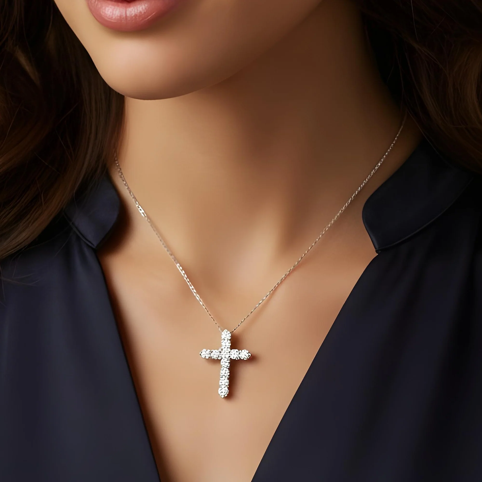 14K Rose Gold Round Diamond Cross Necklace 2.63ct - Image 6