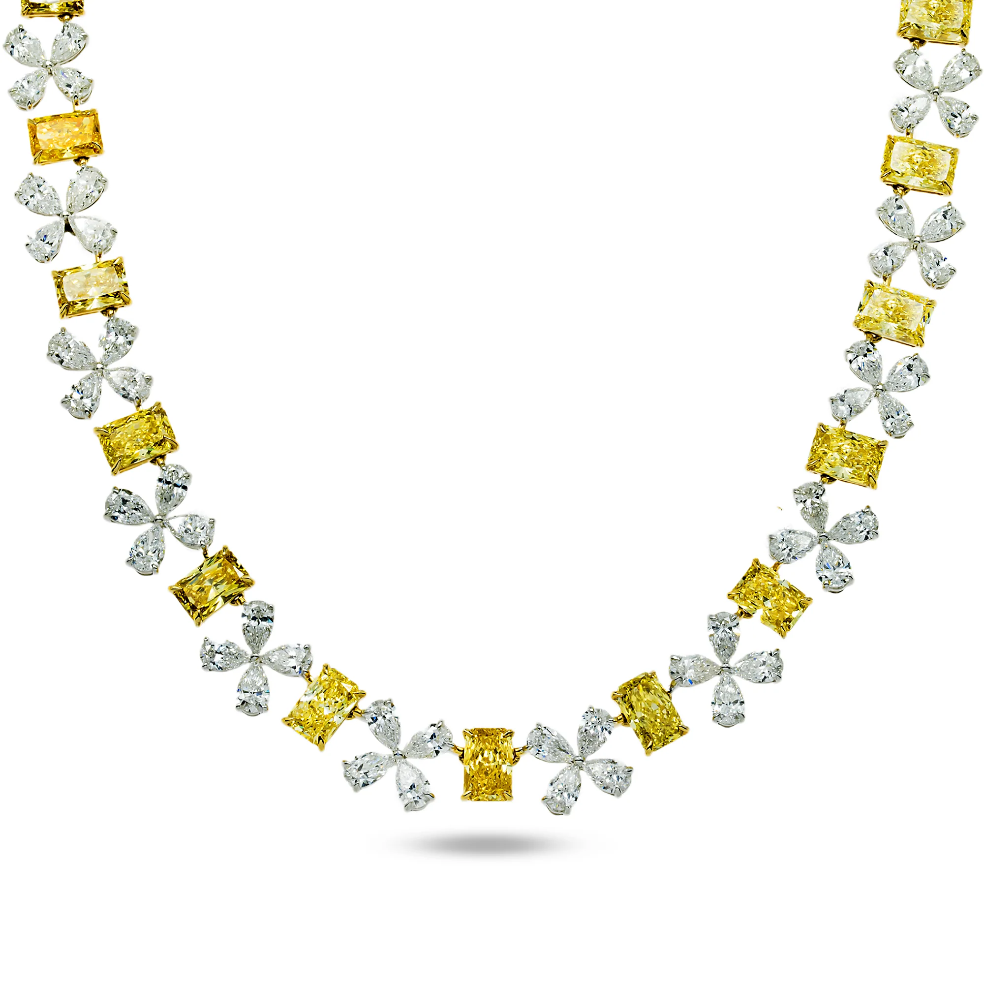14K Two Tone Fancy Yellow & White Diamond Flower Necklace 45.68ct