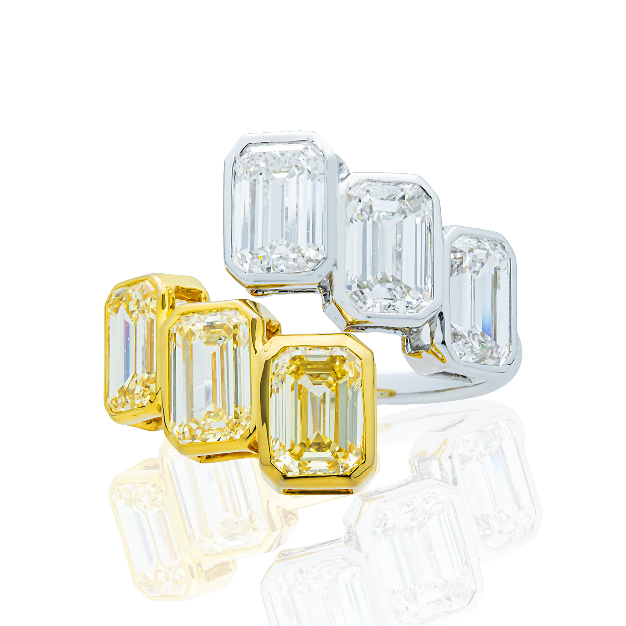 14K Two Tone Fancy Yellow & White Emerald Diamond Wrap Ring 4.50ct