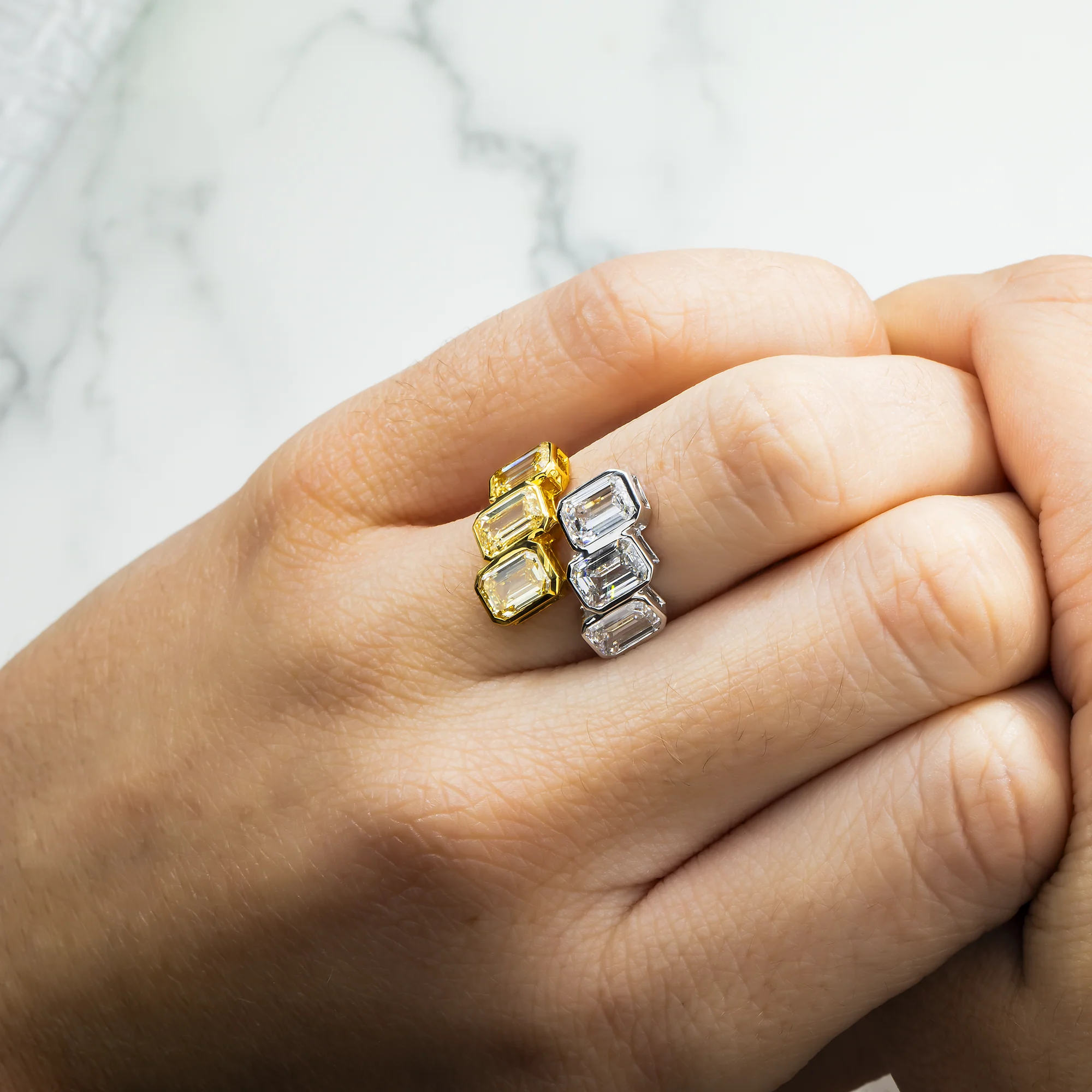 14K Two Tone Fancy Yellow & White Emerald Diamond Wrap Ring 4.50ct - Image 2